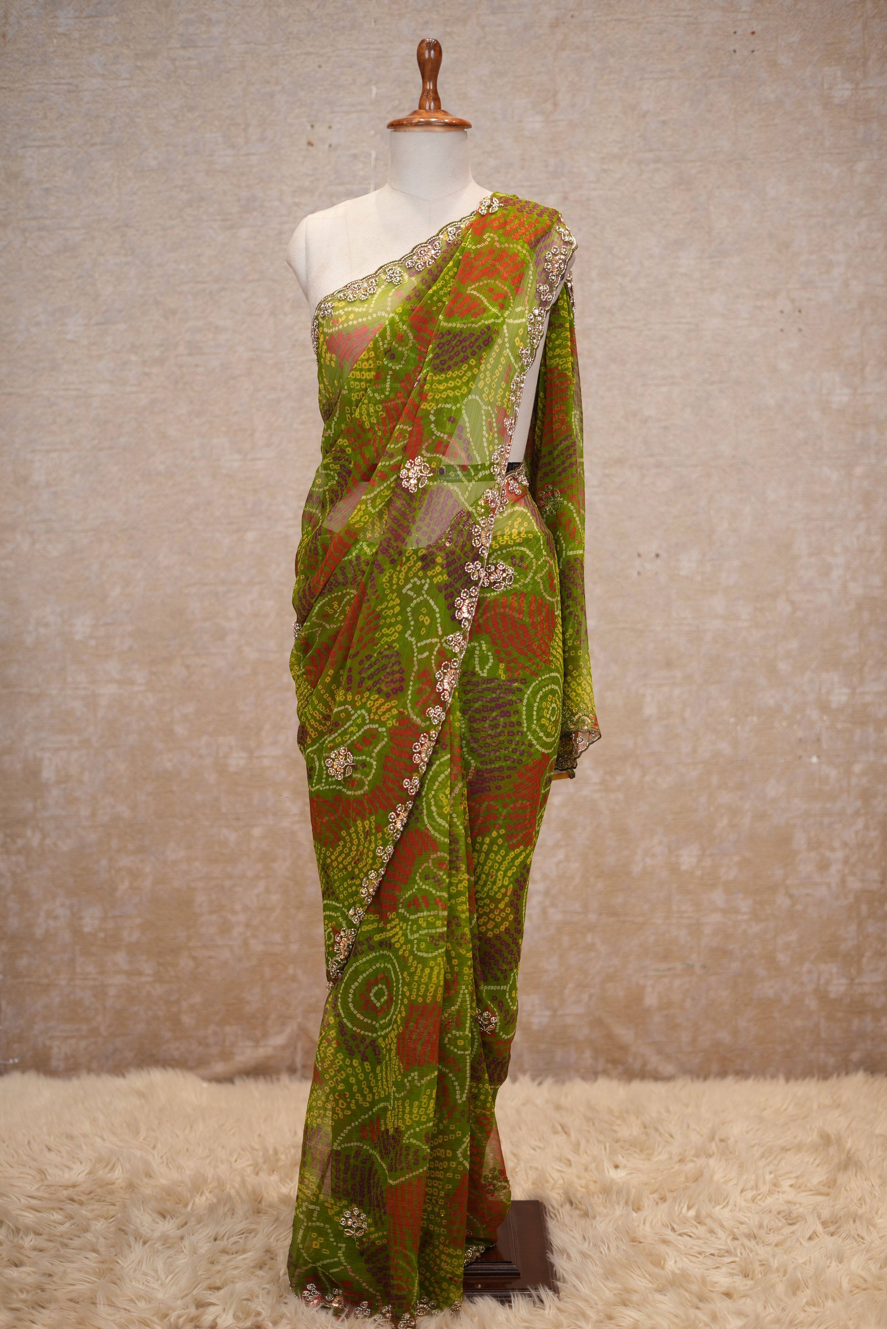 SHEKHAWATI BANDHEJ SAREE WITH SEQUINS & CUTDANA WORK(WITH BLOUSE)
