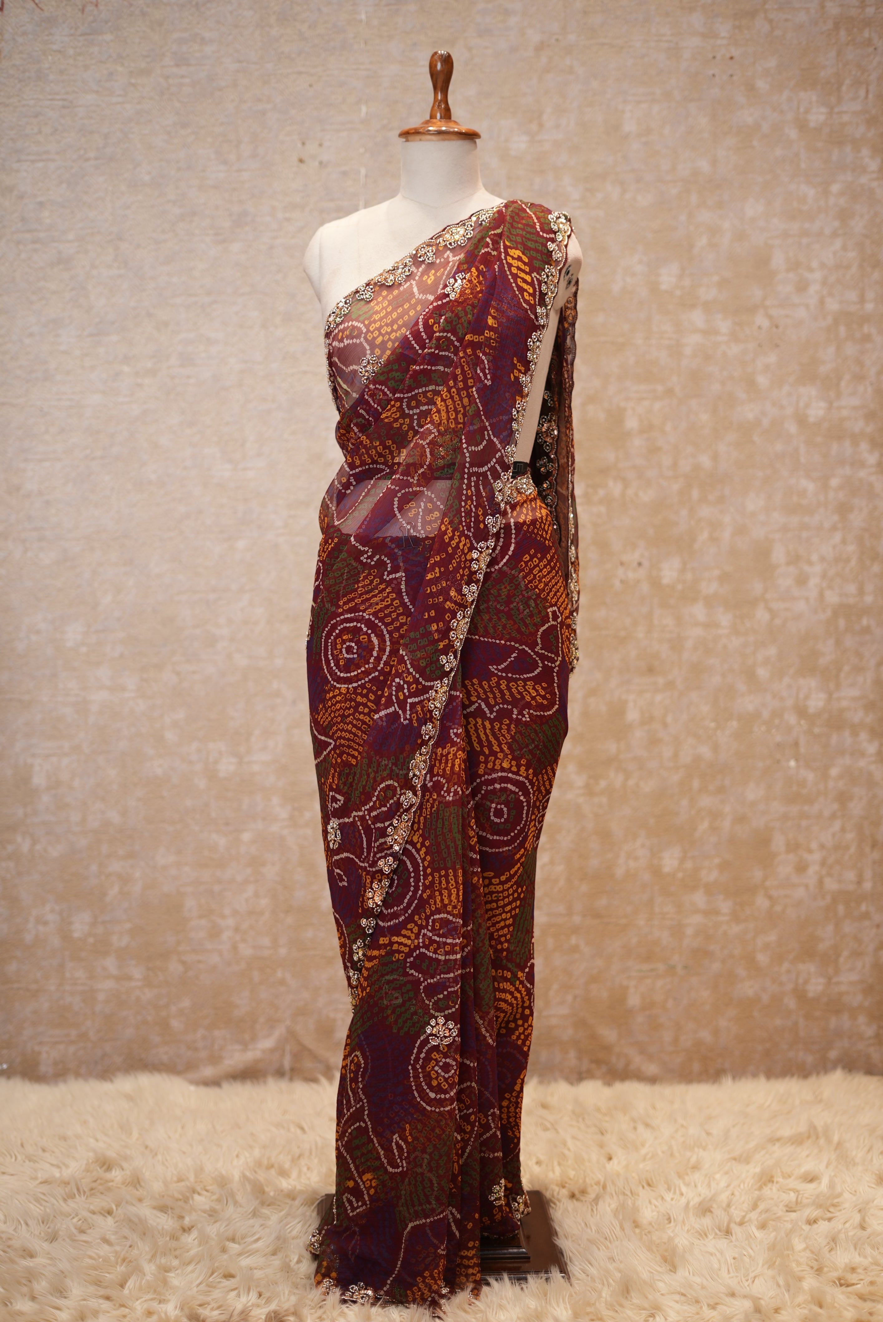 SHEKHAWATI BANDHEJ SAREE WITH SEQUINS & CUTDANA WORK(WITH BLOUSE)