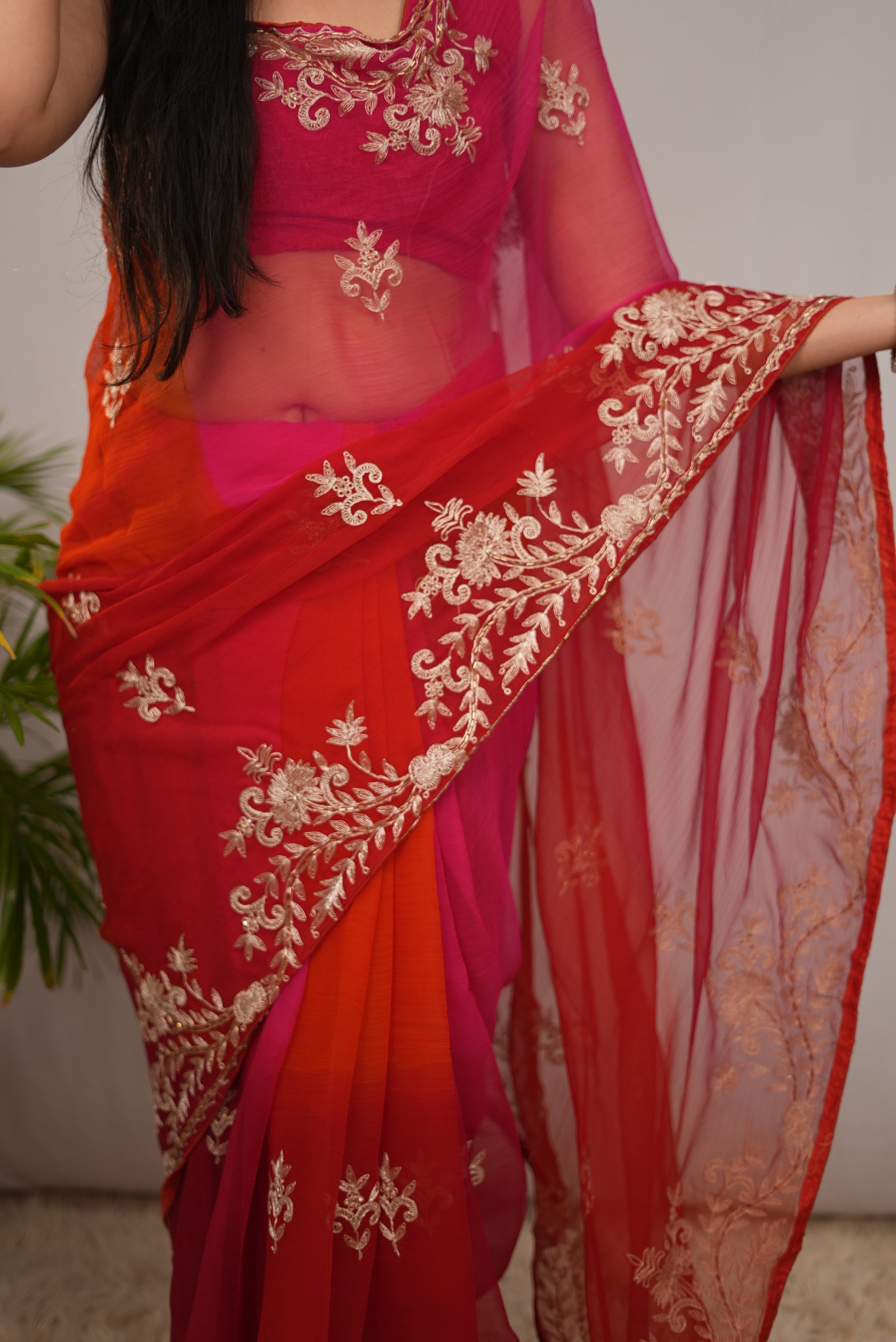 Chiffon Saree With Intricate Pittan Work