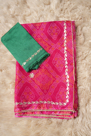 KOTADORIYA FABRIC SAREE WITH RAJASTANI BANDHANI DESIGN & GOTAPATTI WORK (WITH CONTRAST GREEN BLOUSE)   ##SR0312