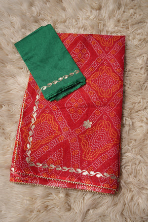 KOTADORIYA FABRIC SAREE WITH RAJASTANI BANDHANI DESIGN & GOTAPATTI WORK (WITH CONTRAST GREEN BLOUSE)   ##SR0312
