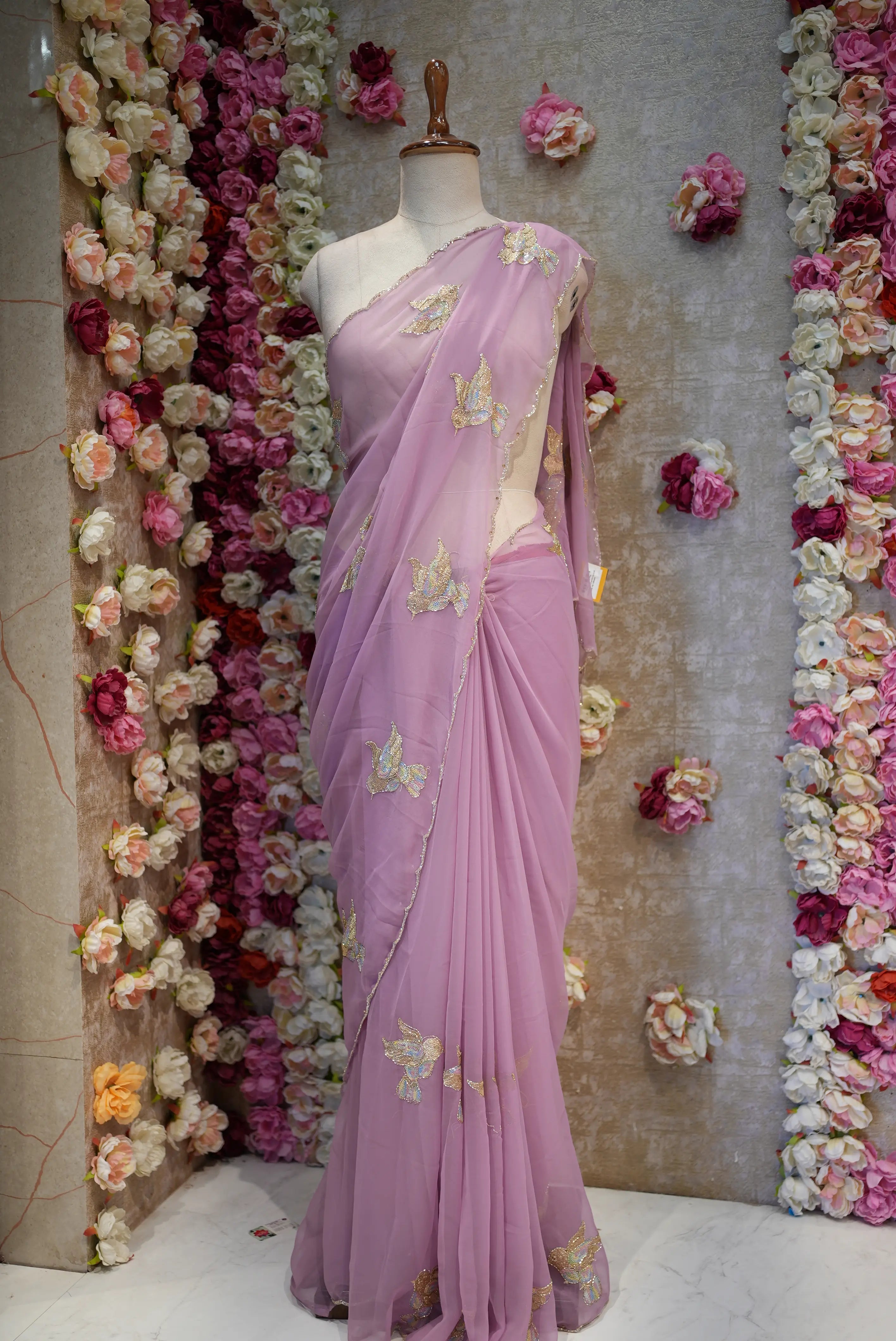 FIGURE PATTERN SAREE WITH SEQUENCE & CUTDANA WORK ON ROYAL GEORGETTE FABRIC (WITH BLOUSE)