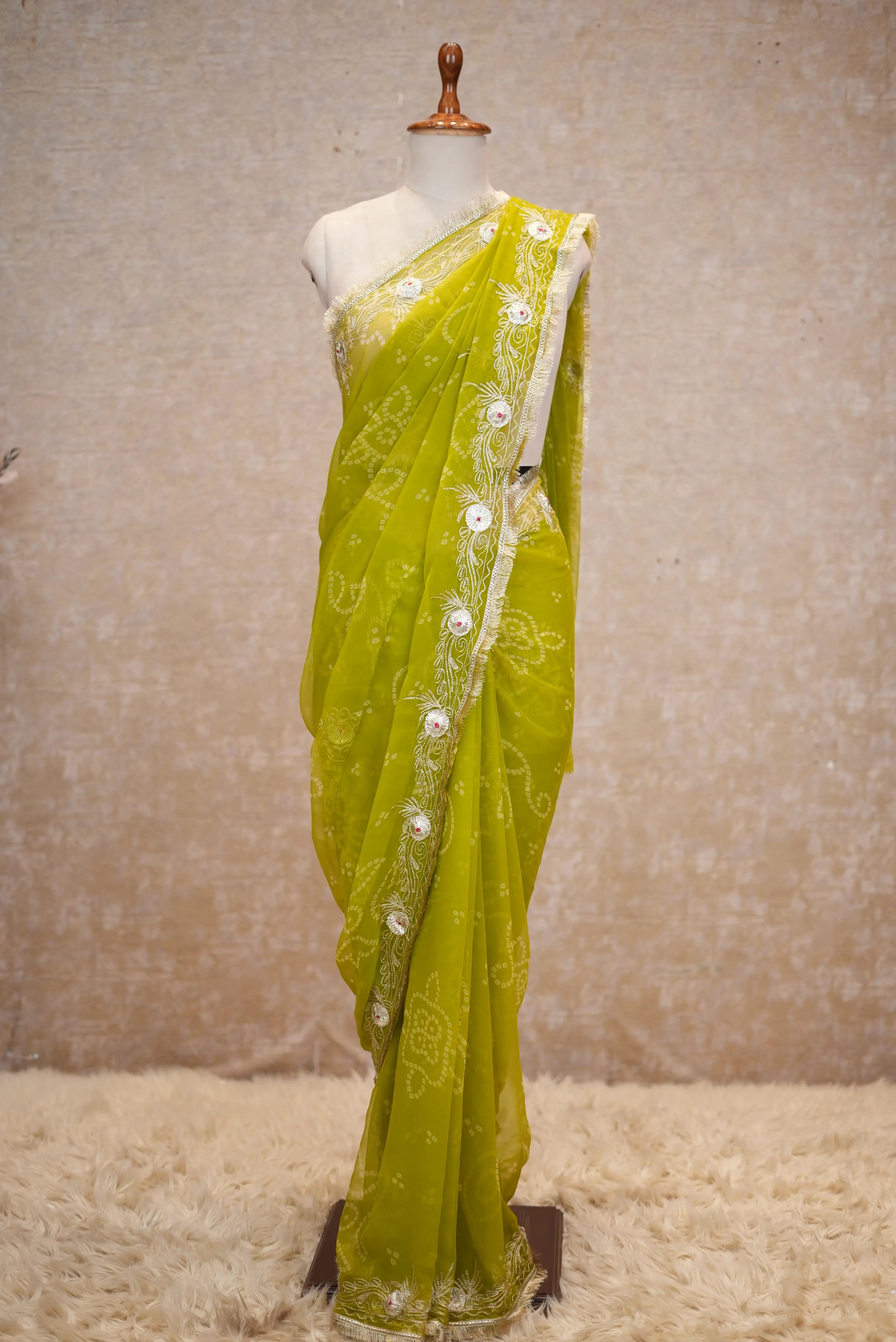 Fancy Bandhej Saree with Vintage Gota Patti & Kasab Work