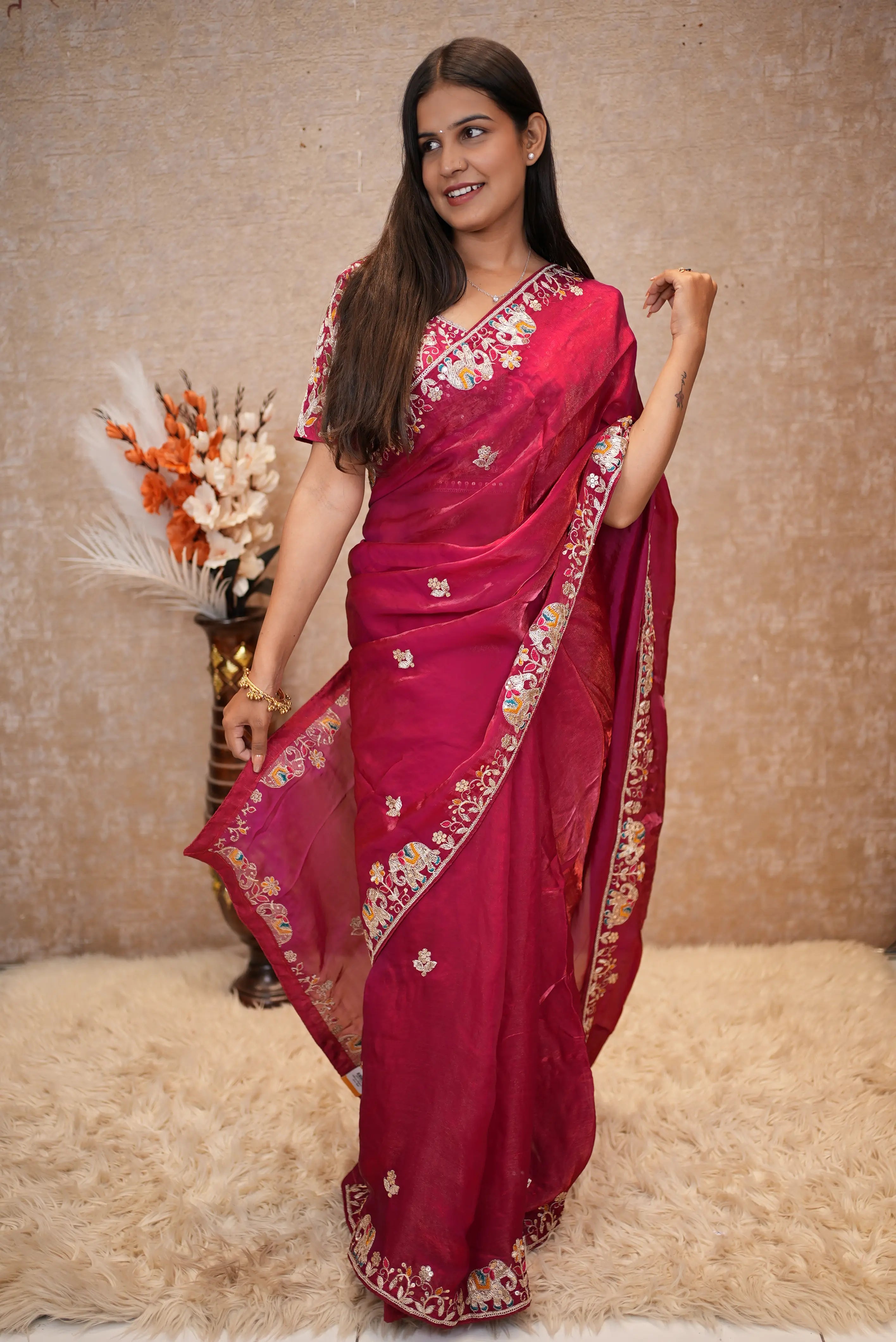 Embroidered pattern stitch blouse saree