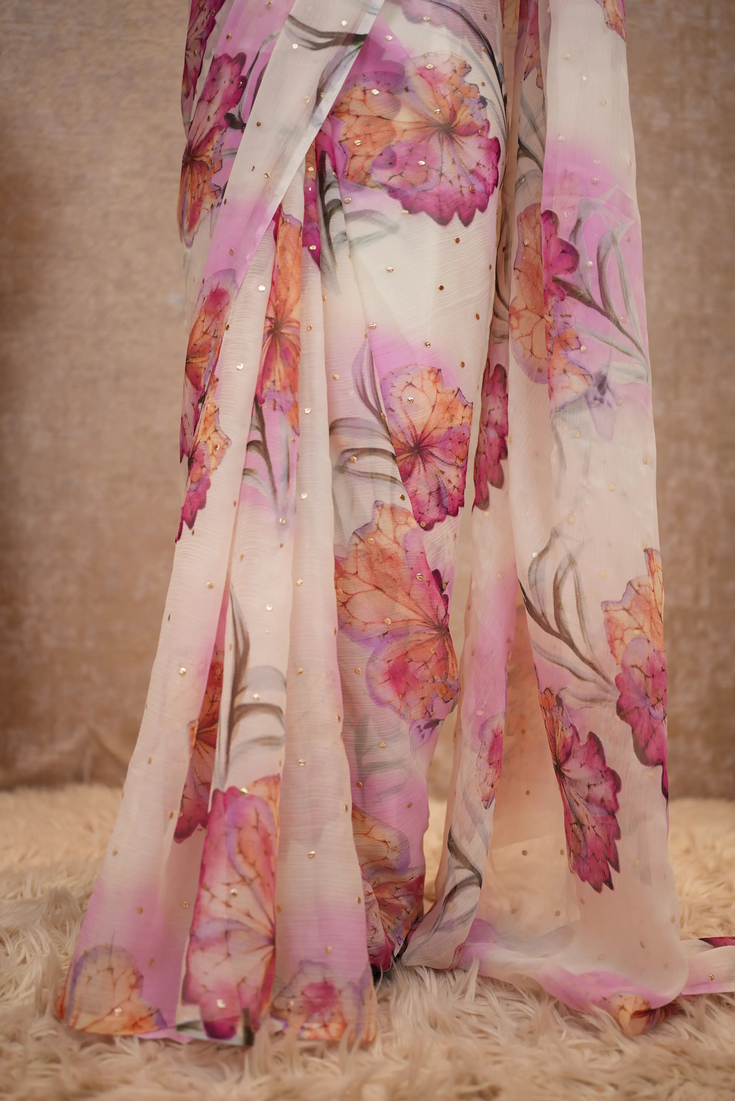 Flower Print Chiffon Fabric Saree