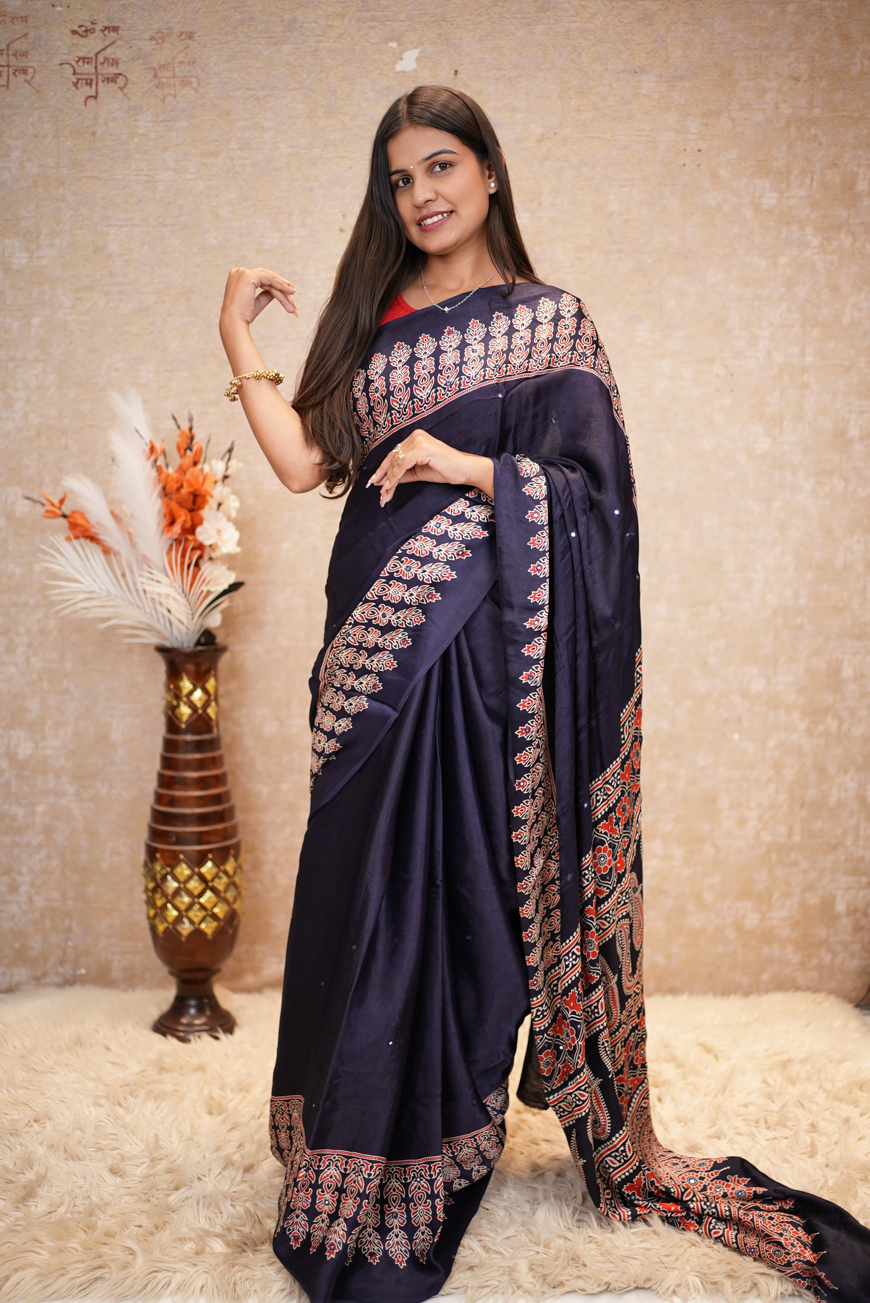 Modal Silk Ajrak Print Mirror Work Saree (With Blouse)