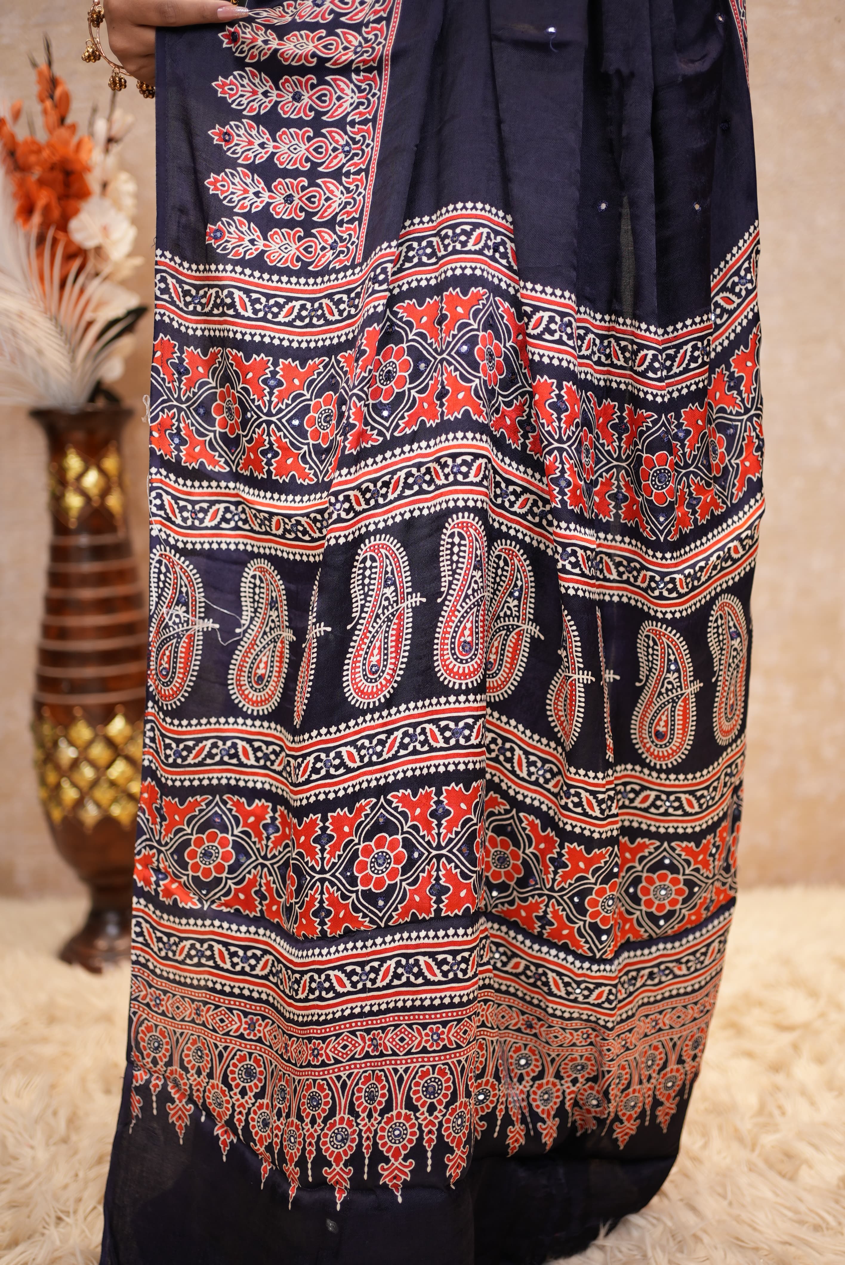 Modal Silk Ajrak Print Mirror Work Saree (With Blouse)