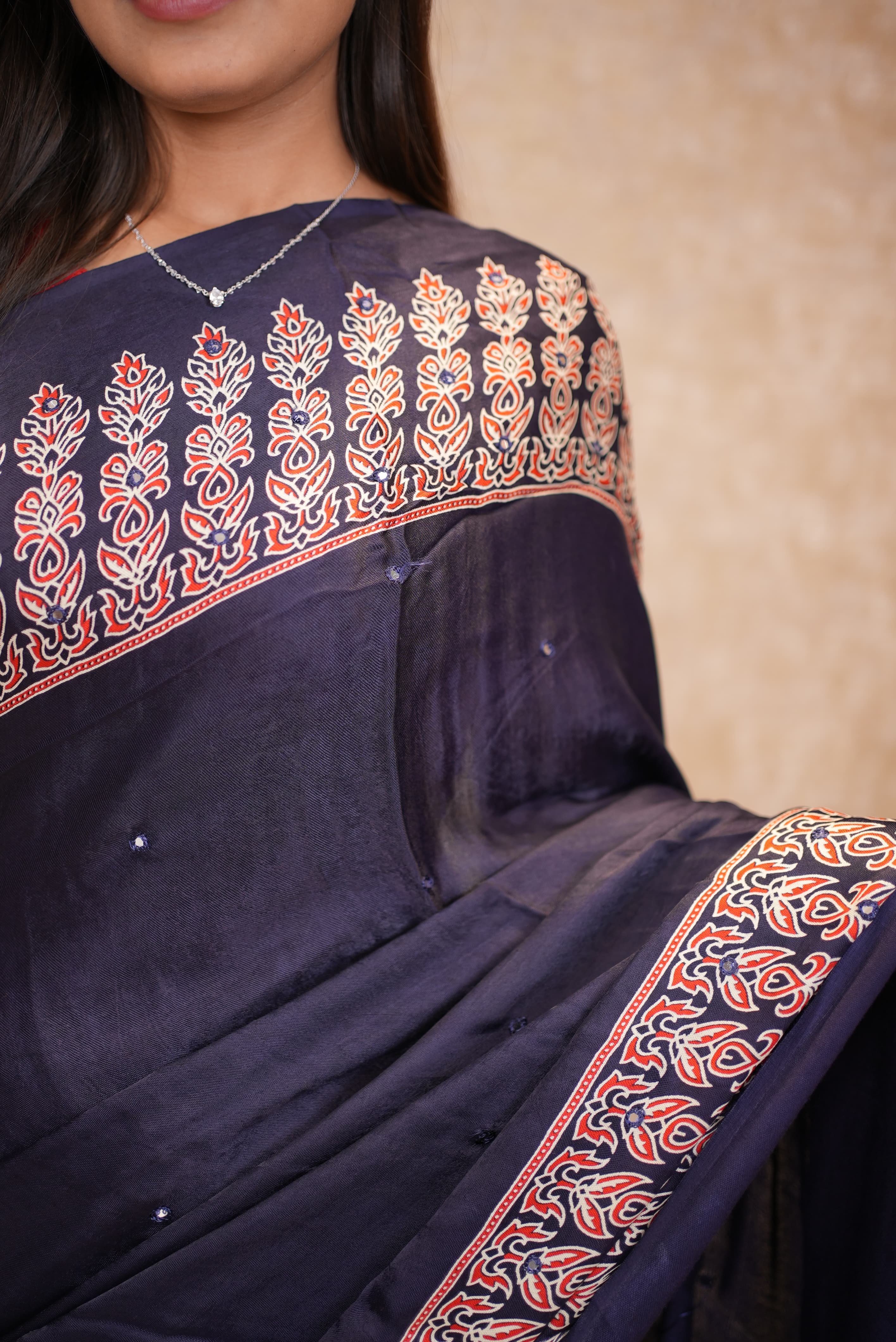 Modal Silk Ajrak Print Mirror Work Saree (With Blouse)