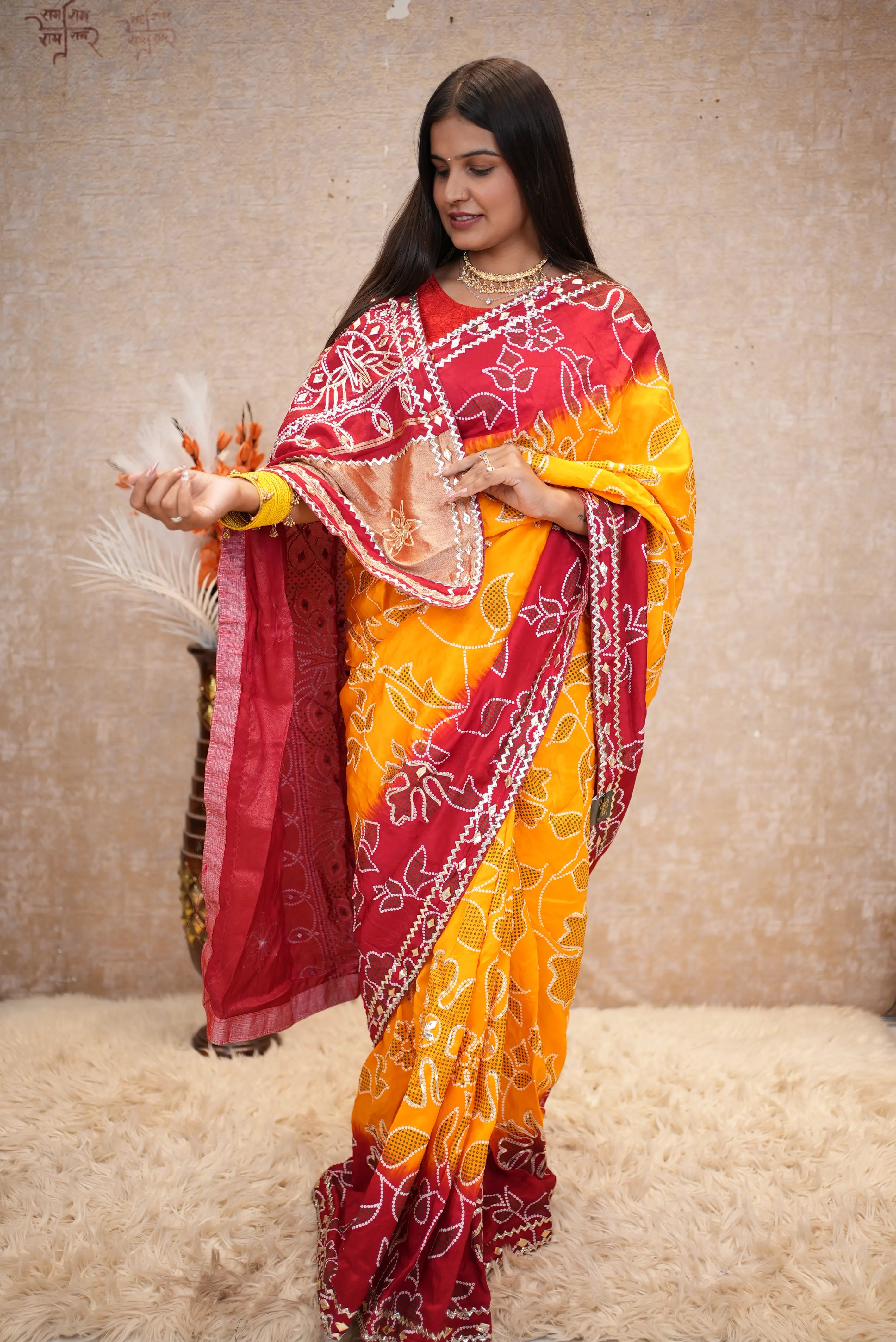Sekhawati Fancy Pila Handwork Saree With Gota Patti Work ( With Blouse)