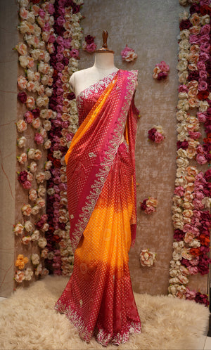 CHINON FABRIC BANDHANI SAREE WITH PITA AND CUTWORK WITH BUTI (WITH BLOUSE) ##SR601