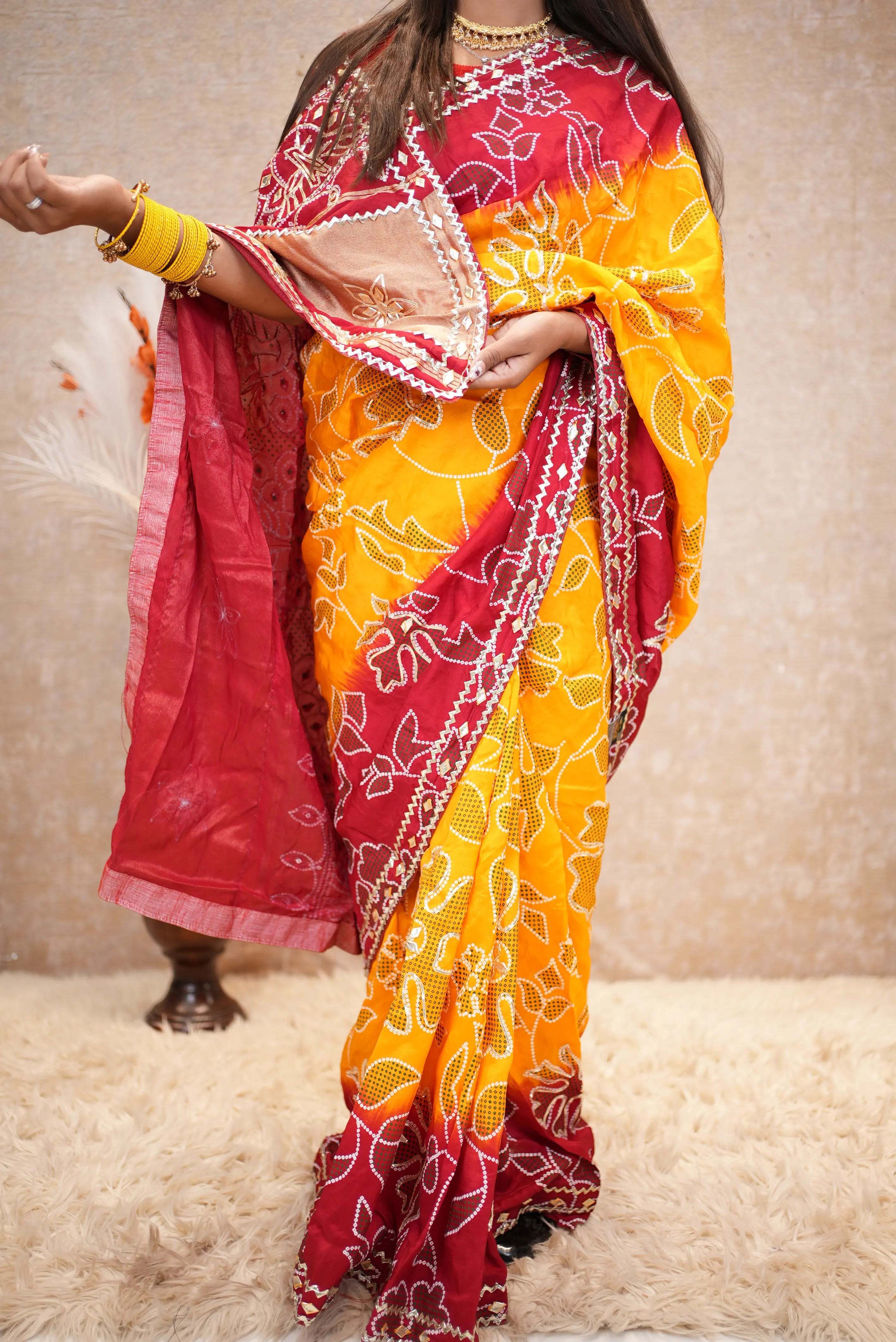 Sekhawati Fancy Pila Handwork Saree With Gota Patti Work ( With Blouse)