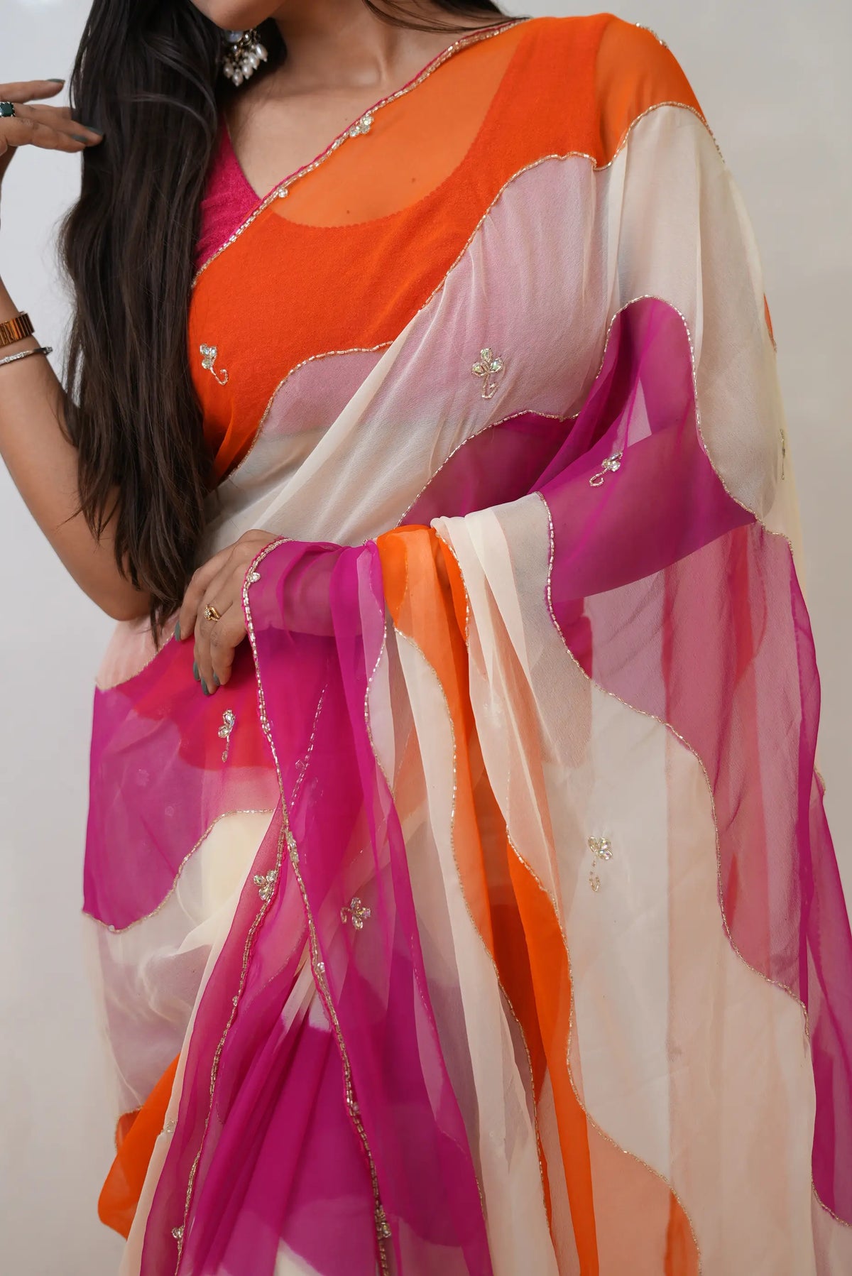 Designer Multi Shade Wave Handwork Saree with Blouse