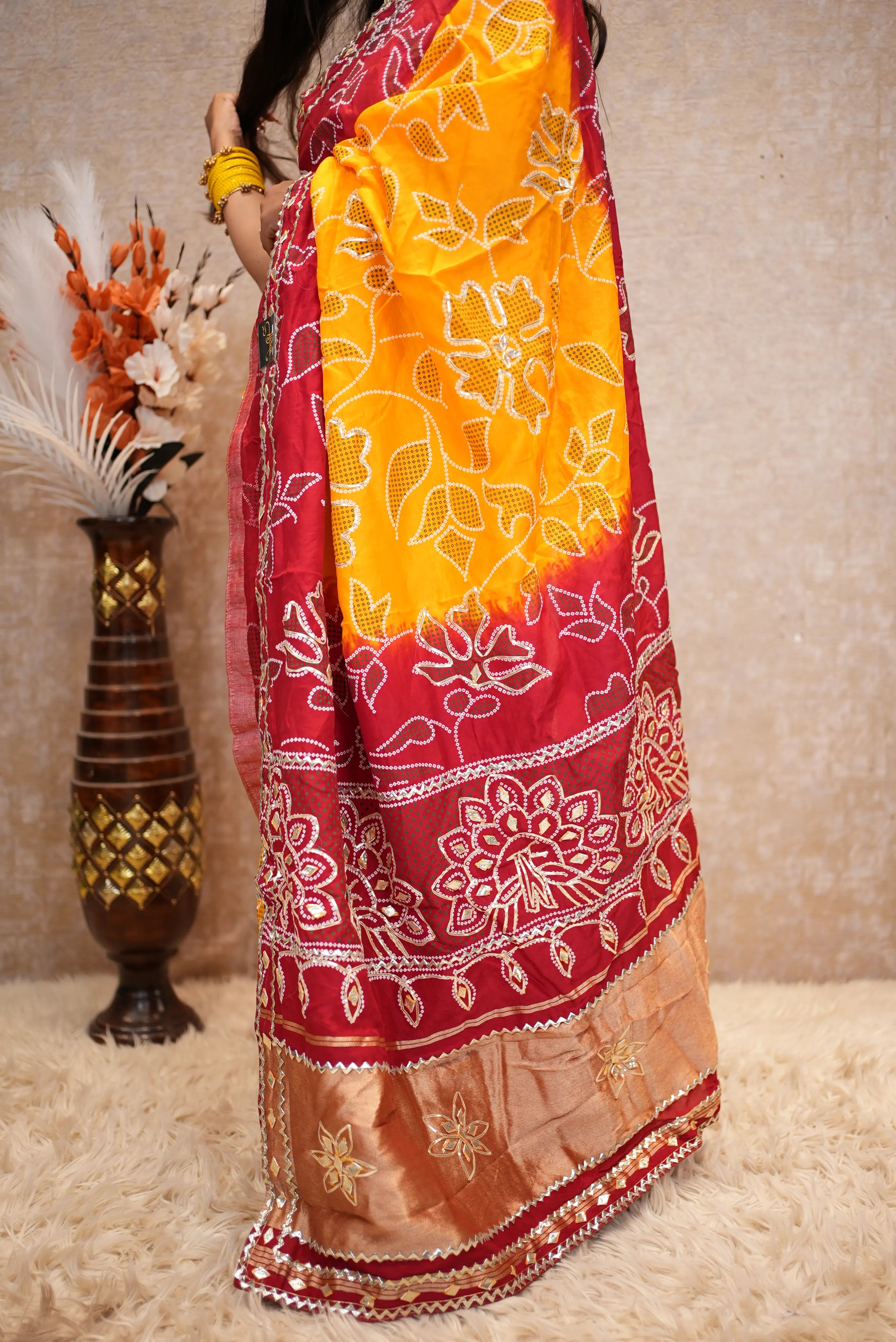 Sekhawati Fancy Pila Handwork Saree With Gota Patti Work ( With Blouse)