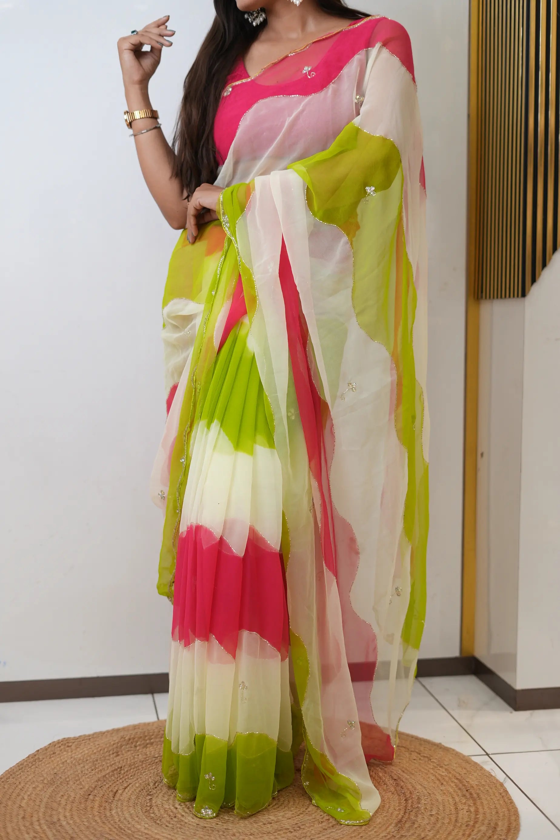 Designer Multi Shade Wave Handwork Saree with Blouse