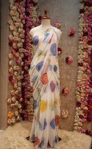 PEACOCK PRINT WHITE BASE MULTICOLOR GEORGETTE FABRIC SAREE WITH MANDALA BANDHANI AND CUTDANA WORK (WITH BLOUSE) ##SR604