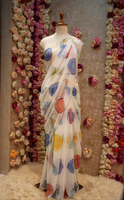 PEACOCK PRINT WHITE BASE MULTICOLOR GEORGETTE FABRIC SAREE WITH MANDALA BANDHANI AND CUTDANA WORK (WITH BLOUSE) ##SR604