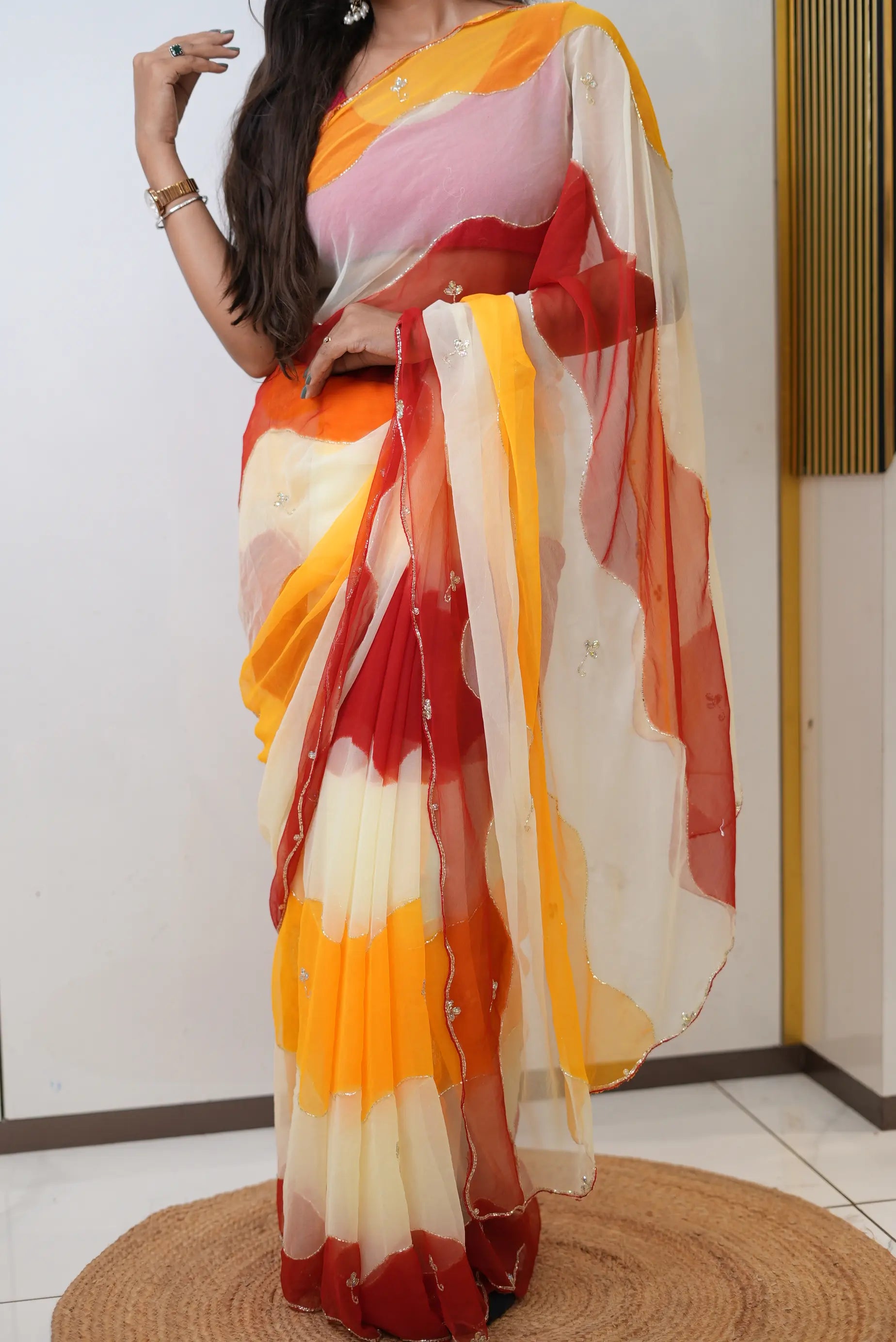 Designer Multi Shade Wave Handwork Saree with Blouse