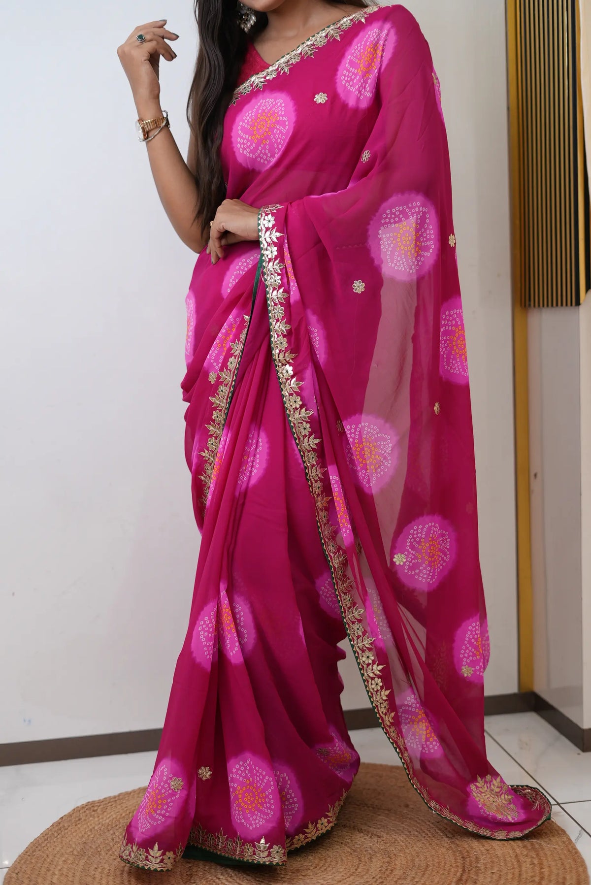 Pink Bandhani Print Saree with Gota Patti and Lace Border Work by Odhani by SRN