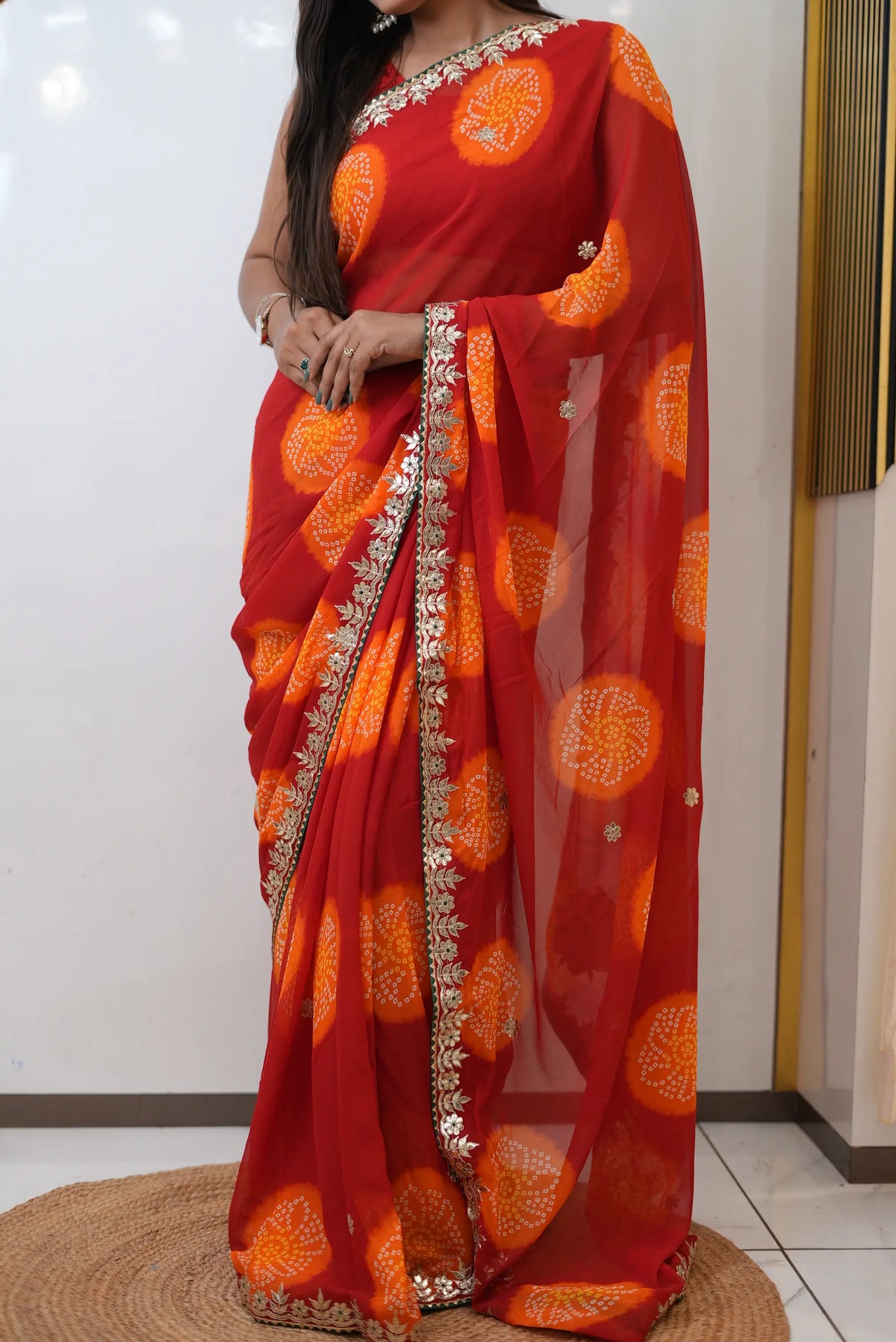 Red Bandhani Print Saree with Gota Patti and Lace Border Work by Odhani by SRN