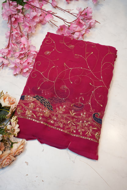 Moss Georgette Fabric with Aari Tari Work – 5.5 Meter Cut (Without Blouse) ##SR003