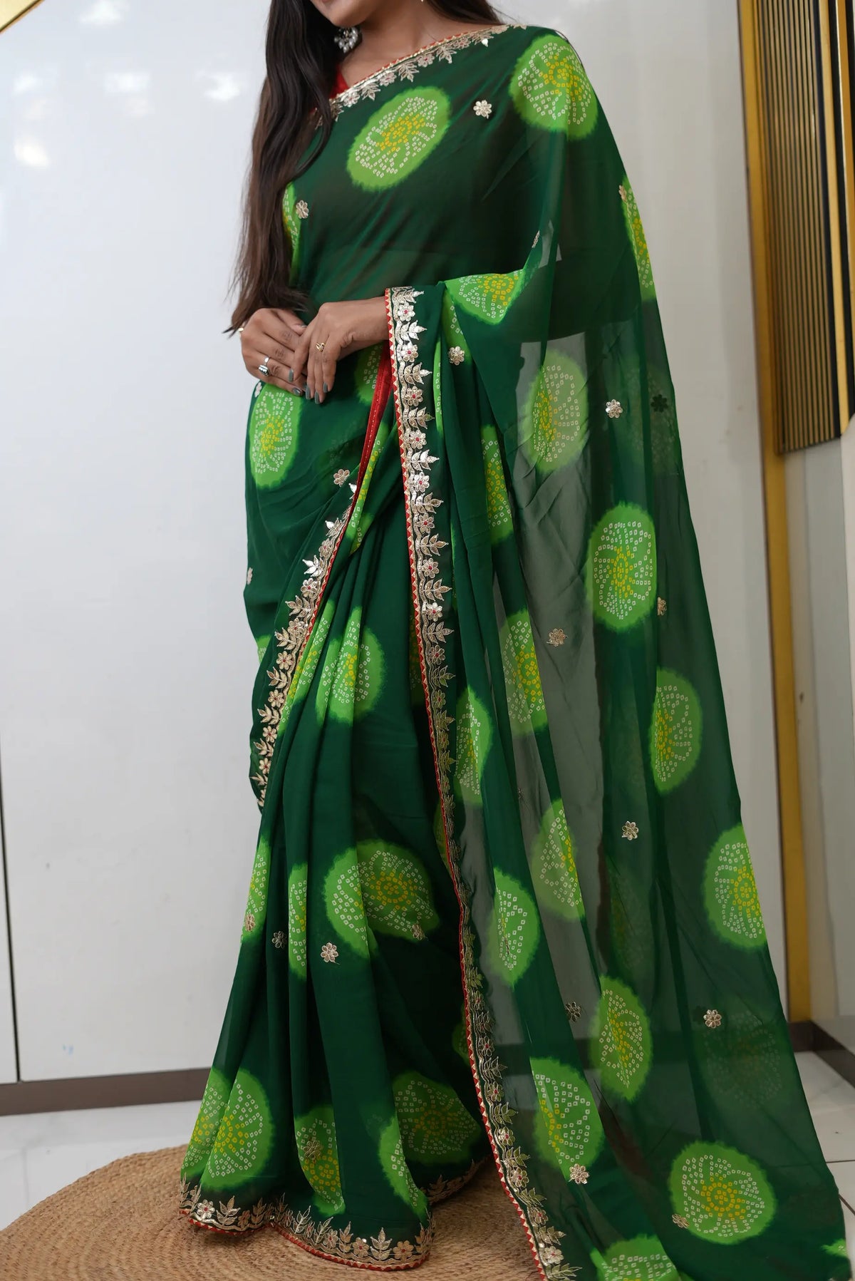 Green Bandhani Print Saree with Gota Patti and Lace Border Work by Odhani by SRN