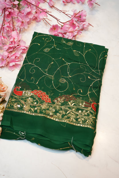 Moss Georgette Fabric with Aari Tari Work – 5.5 Meter Cut (Without Blouse) ##SR003