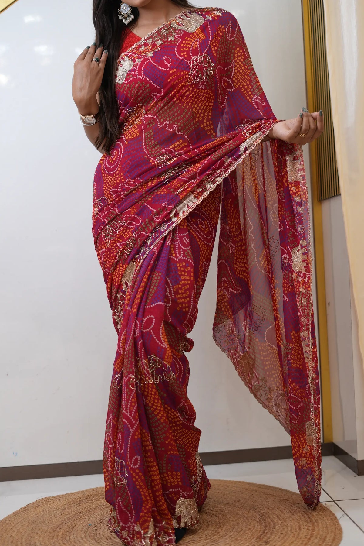 Shekhawati Bandhej Elephant Figure Pattern Aari Taari Work Saree with Blouse