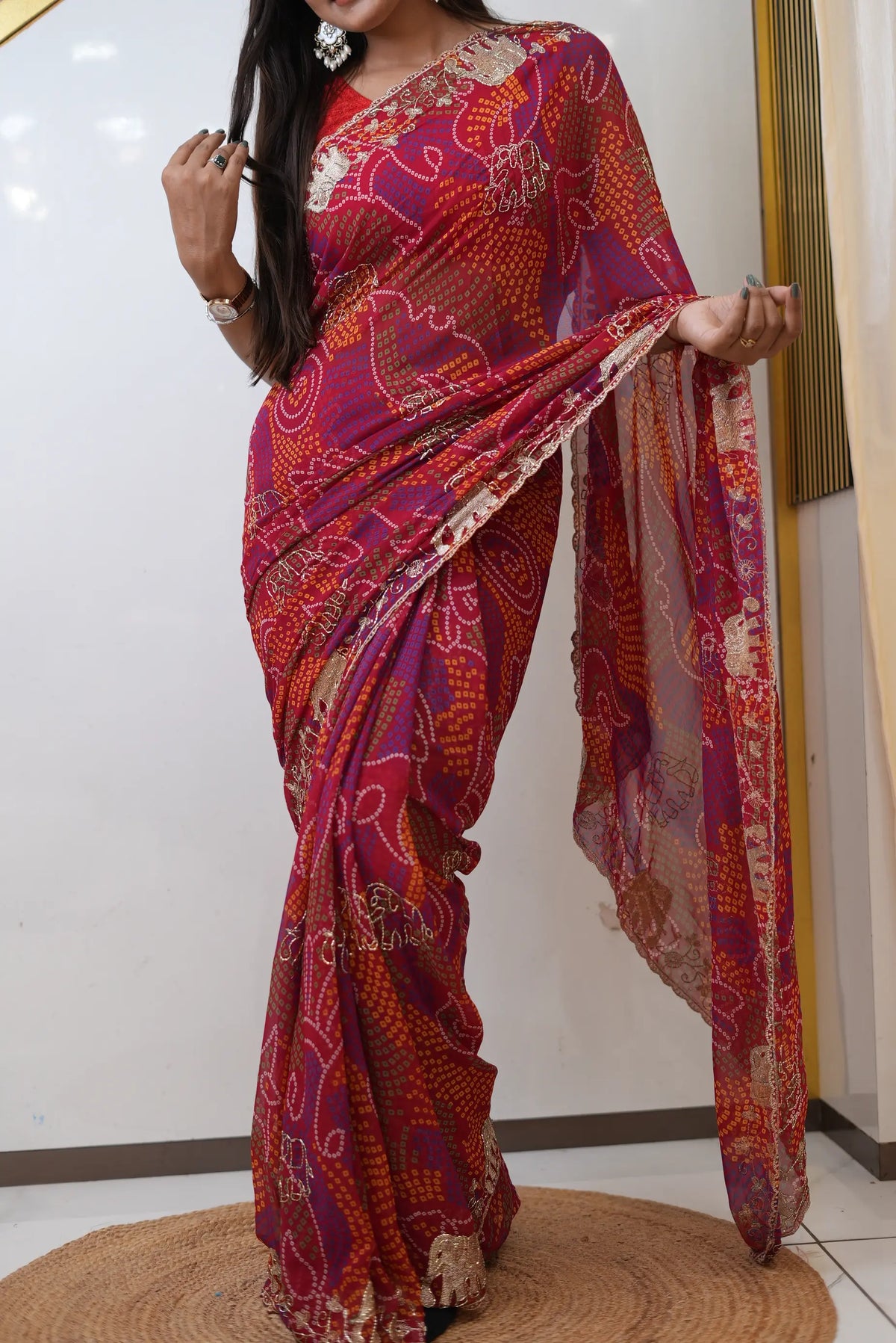 Shekhawati Bandhej Elephant Figure Pattern Aari Taari Work Saree with Blouse
