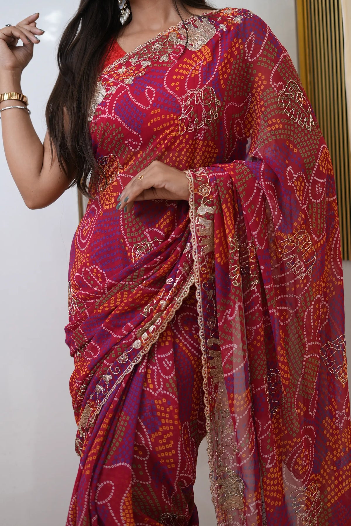 Shekhawati Bandhej Elephant Figure Pattern Aari Taari Work Saree with Blouse