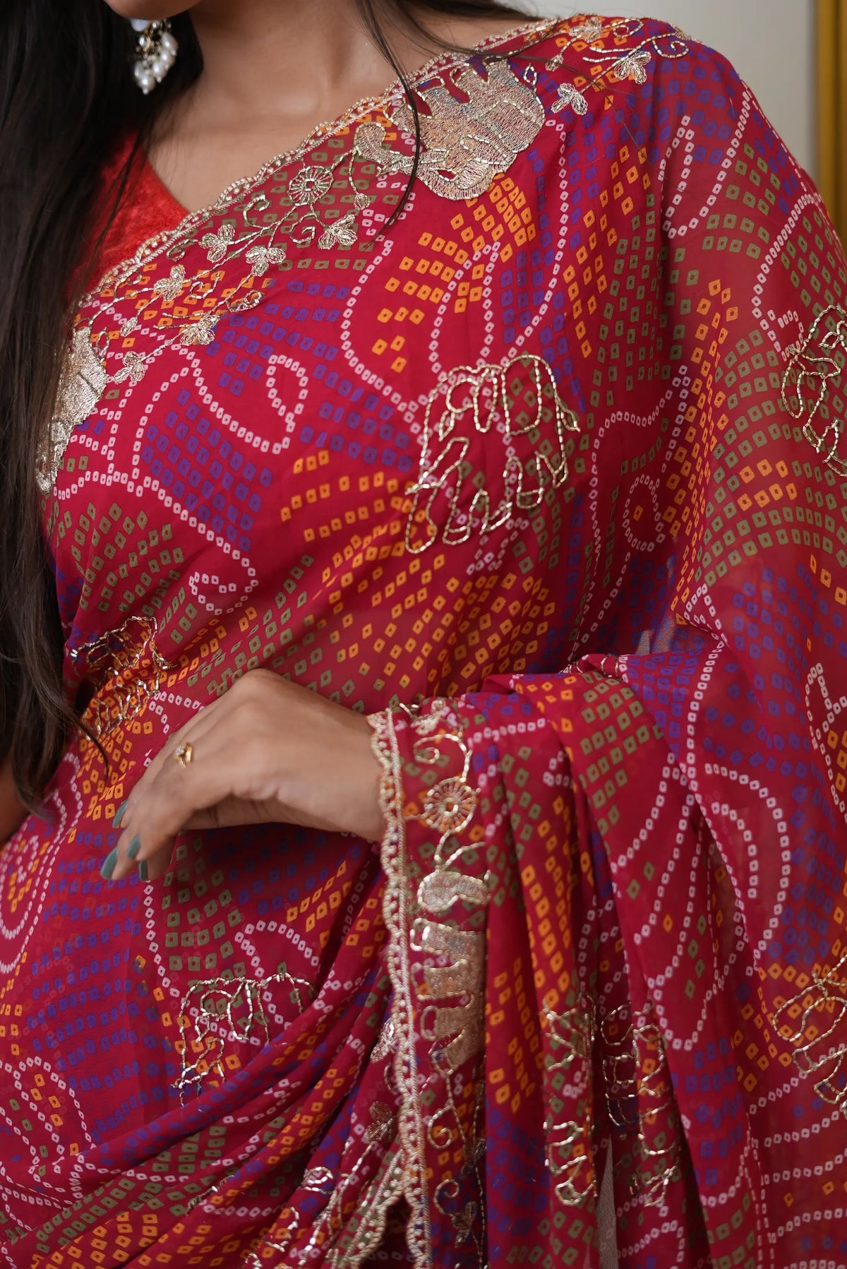 Shekhawati Bandhej Elephant Figure Pattern Aari Taari Work Saree with Blouse