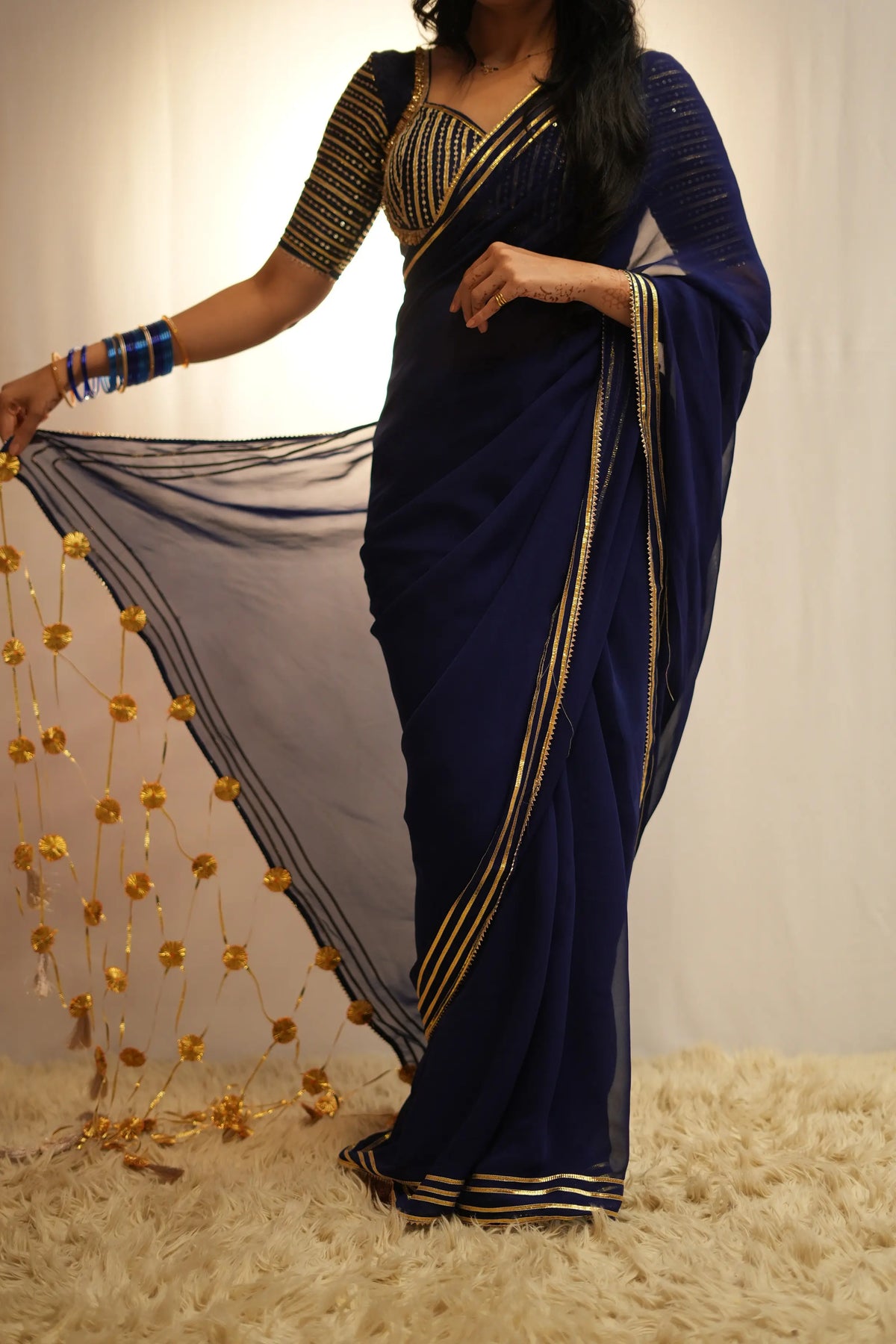 Royal Navy Blue Gotapatti Handwork Saree with Madhuwala Sequence Work Blouse (PRE-BOOKING ITEM)