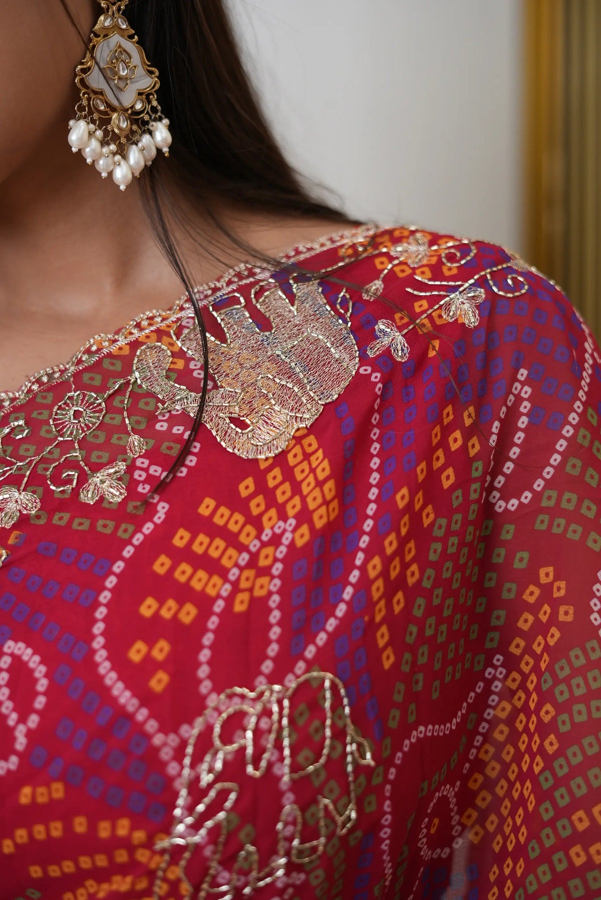 Shekhawati Bandhej Elephant Figure Pattern Aari Taari Work Saree with Blouse