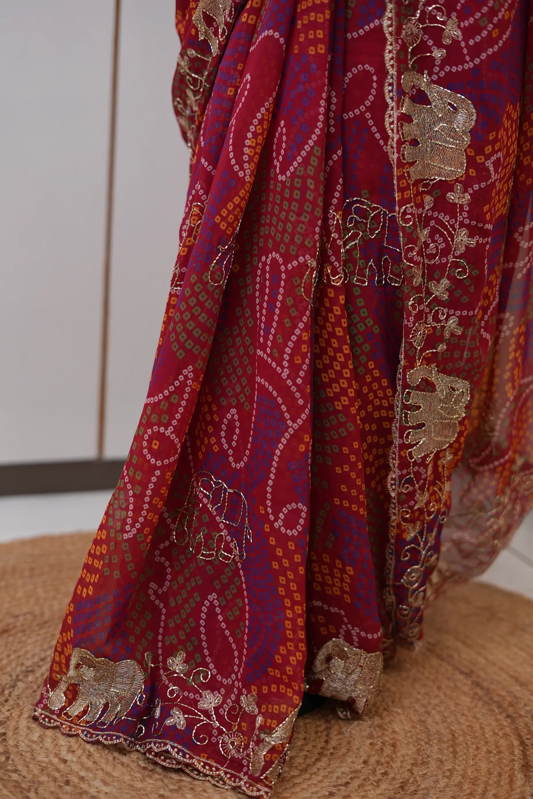 Shekhawati Bandhej Elephant Figure Pattern Aari Taari Work Saree with Blouse
