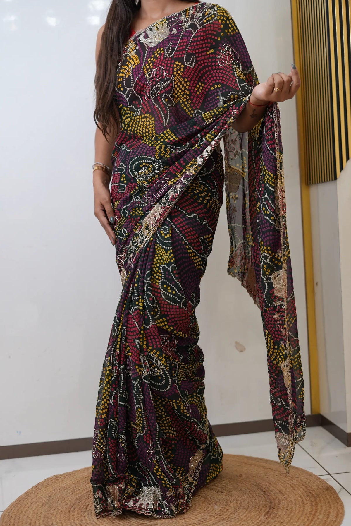 Shekhawati Bandhej Elephant Figure Pattern Aari Taari Work Saree with Blouse