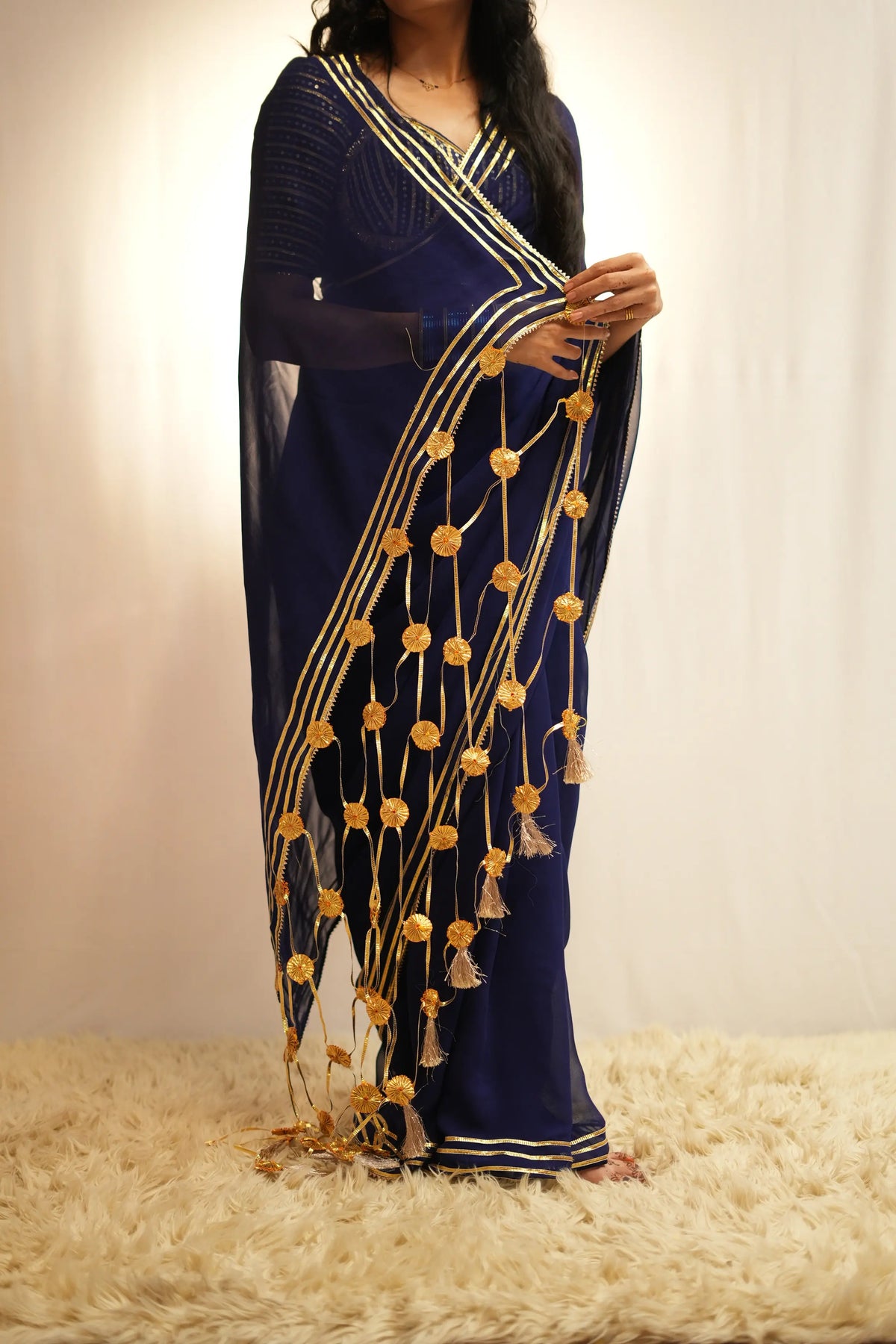 Royal Navy Blue Gotapatti Handwork Saree with Madhuwala Sequence Work Blouse (PRE-BOOKING ITEM)