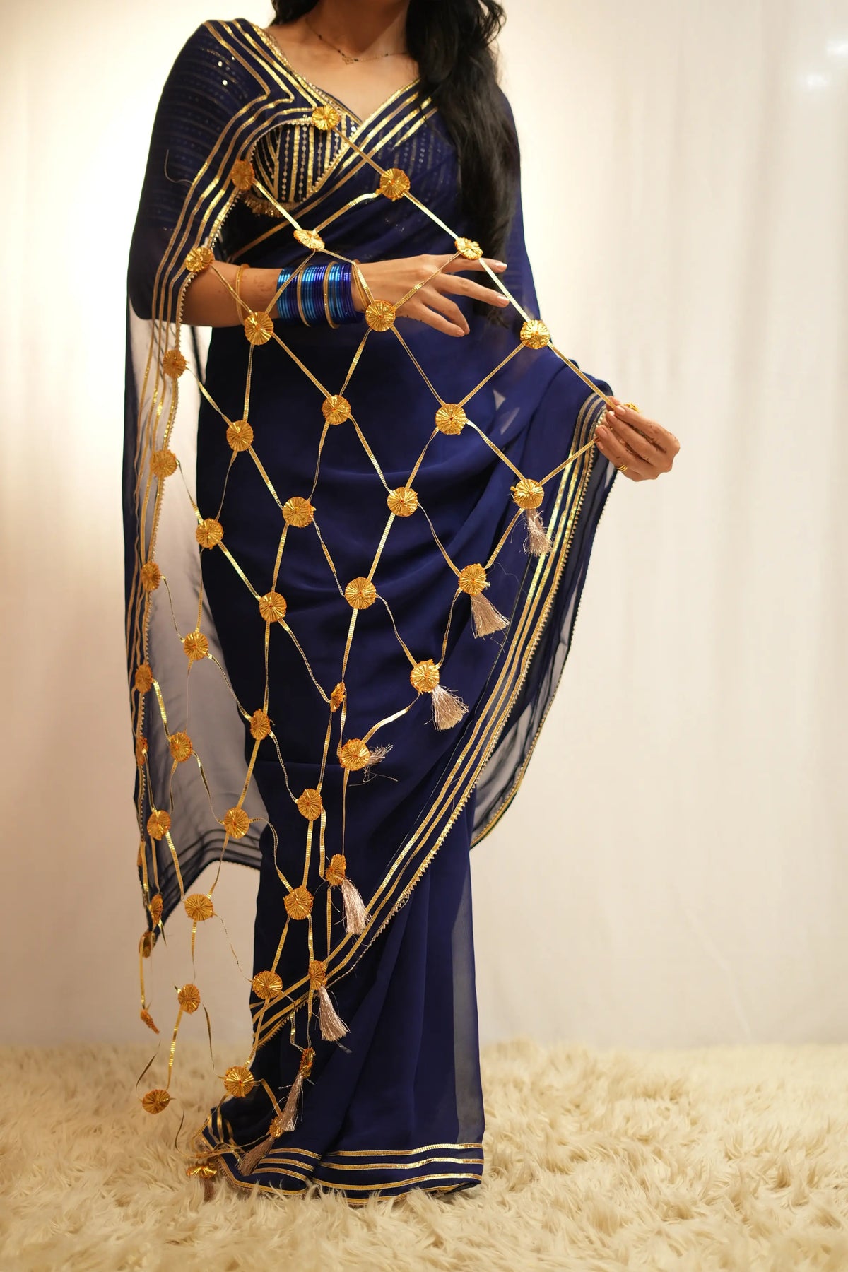 Royal Navy Blue Gotapatti Handwork Saree with Madhuwala Sequence Work Blouse (PRE-BOOKING ITEM)