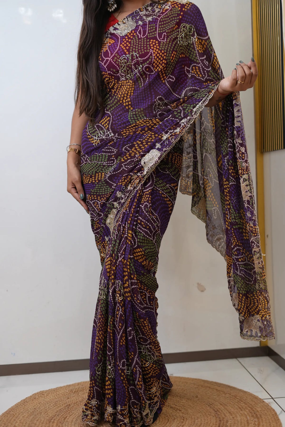Shekhawati Bandhej Elephant Figure Pattern Aari Taari Work Saree with Blouse