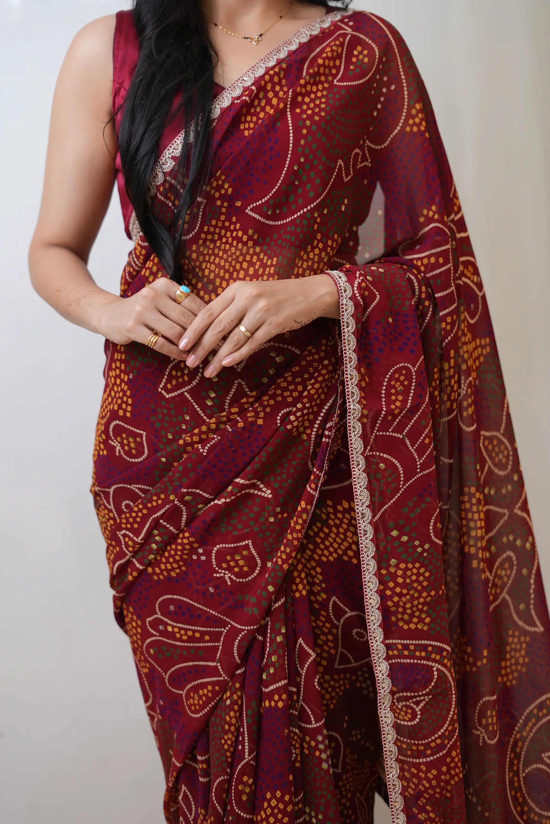 Traditional Shekhawati Bandhani Saree With Delicate Lace Border (with blouse)
