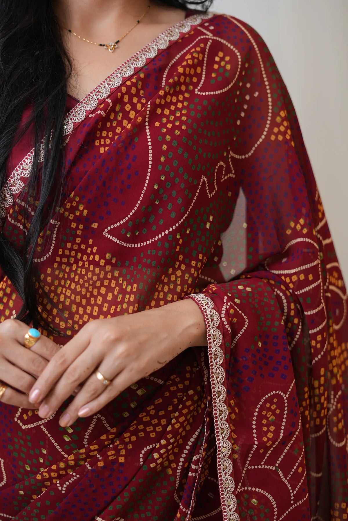 Traditional Shekhawati Bandhani Saree With Delicate Lace Border (with blouse)