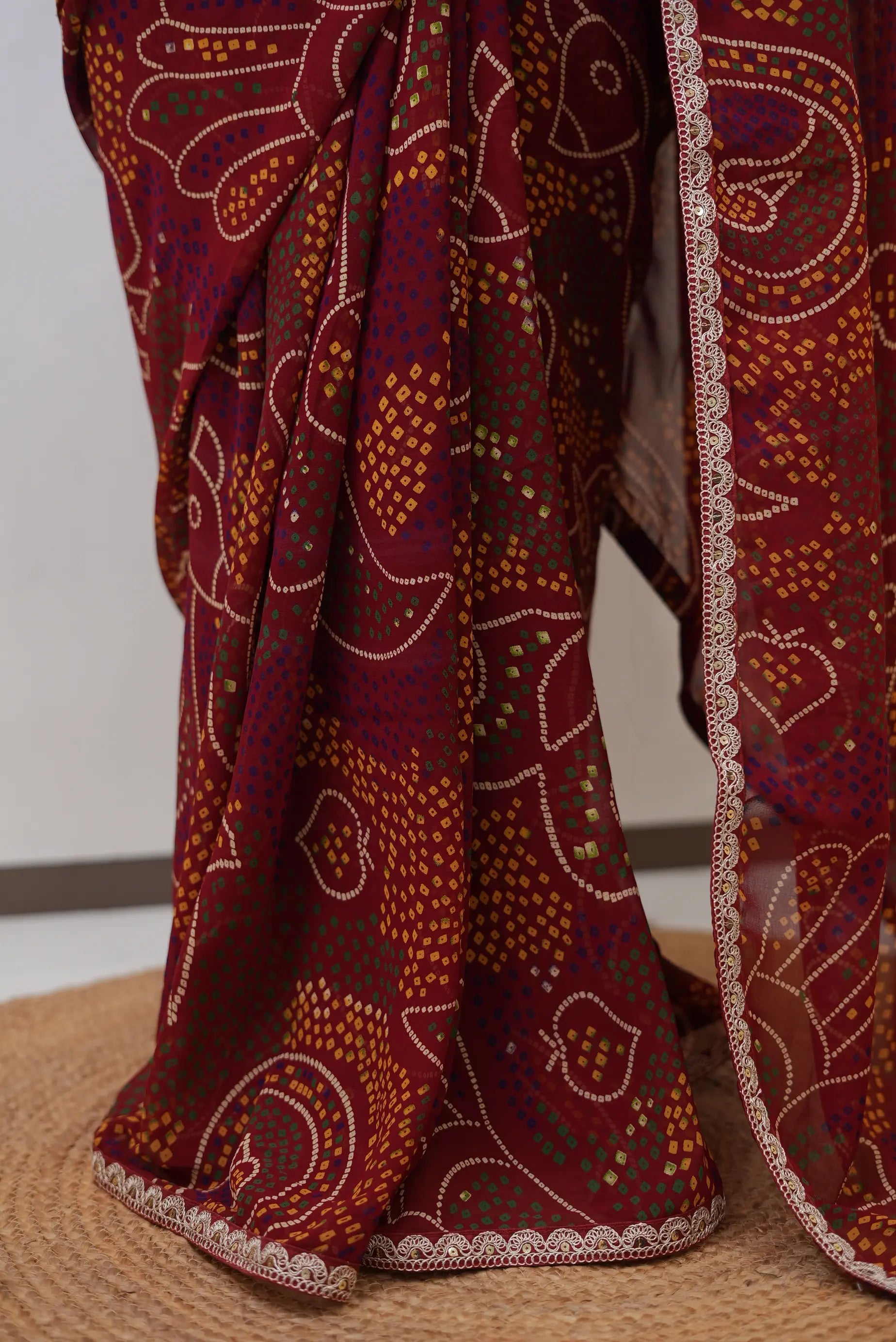 Traditional Shekhawati Bandhani Saree With Delicate Lace Border (with blouse)