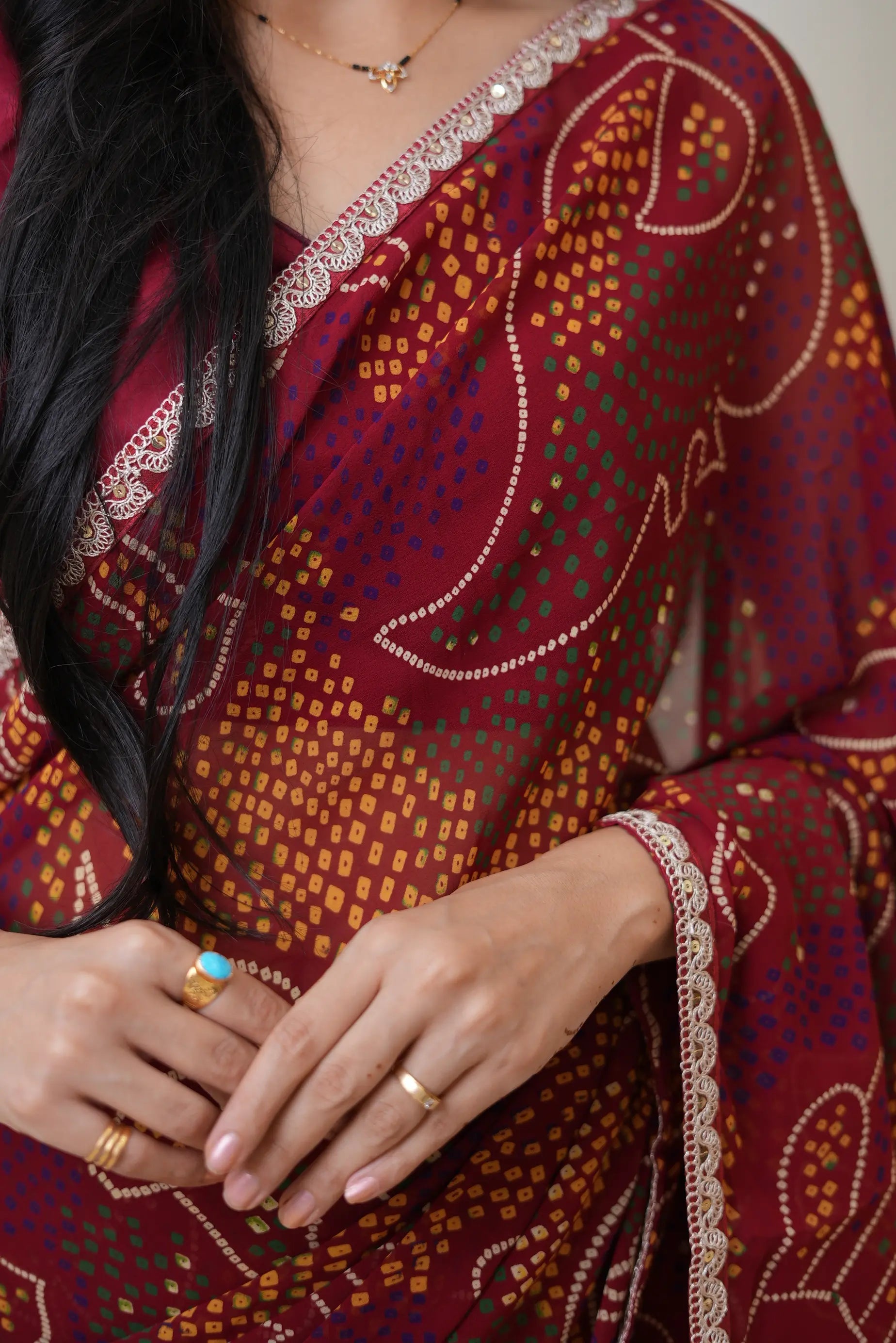 Traditional Shekhawati Bandhani Saree With Delicate Lace Border (with blouse)
