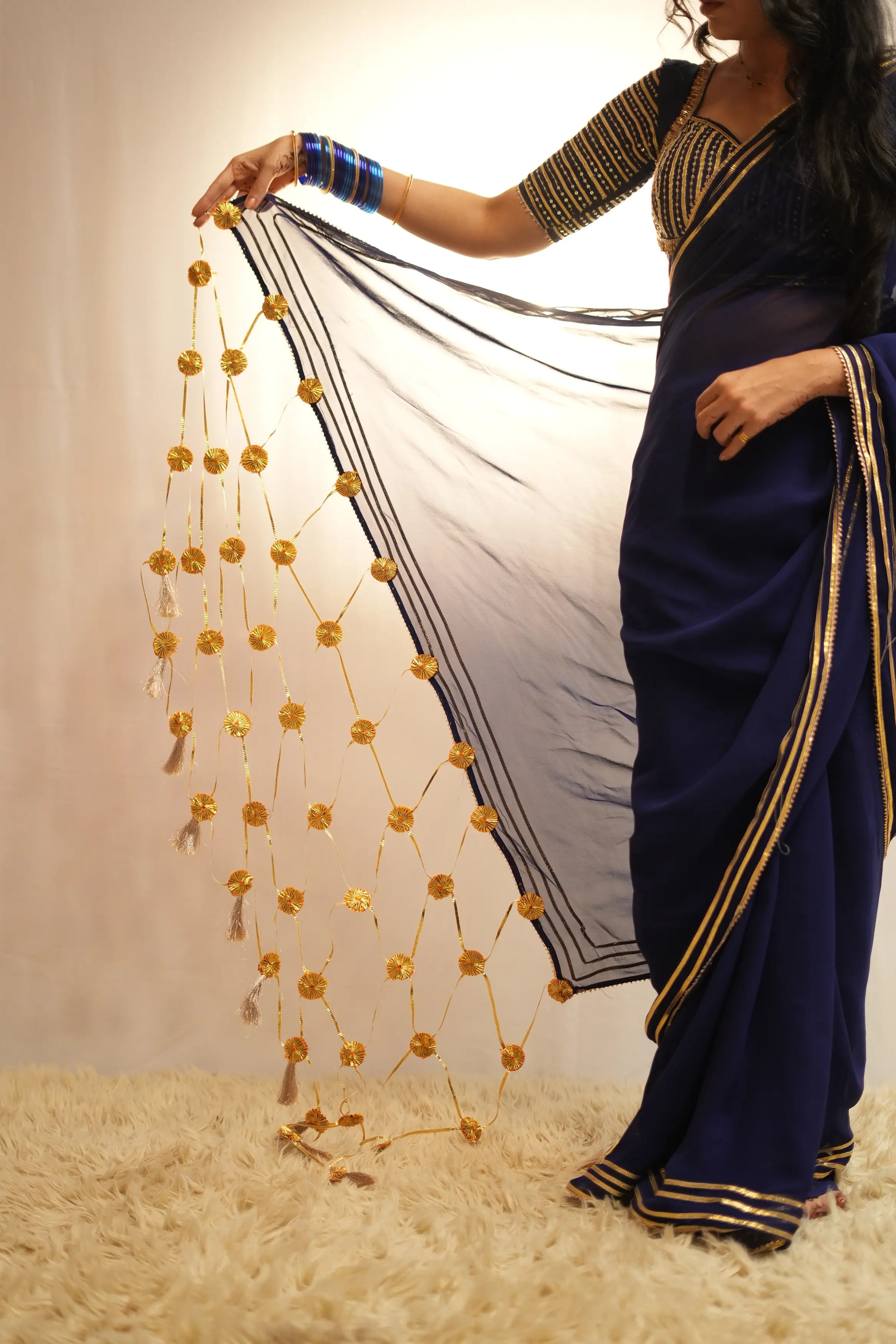 Royal Navy Blue Gotapatti Handwork Saree with Madhuwala Sequence Work Blouse (PRE-BOOKING ITEM)