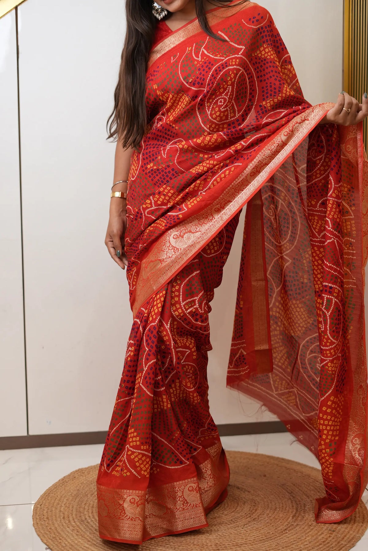 Traditional Bandhani Print Saree With Banarasi Border (With Blouse)