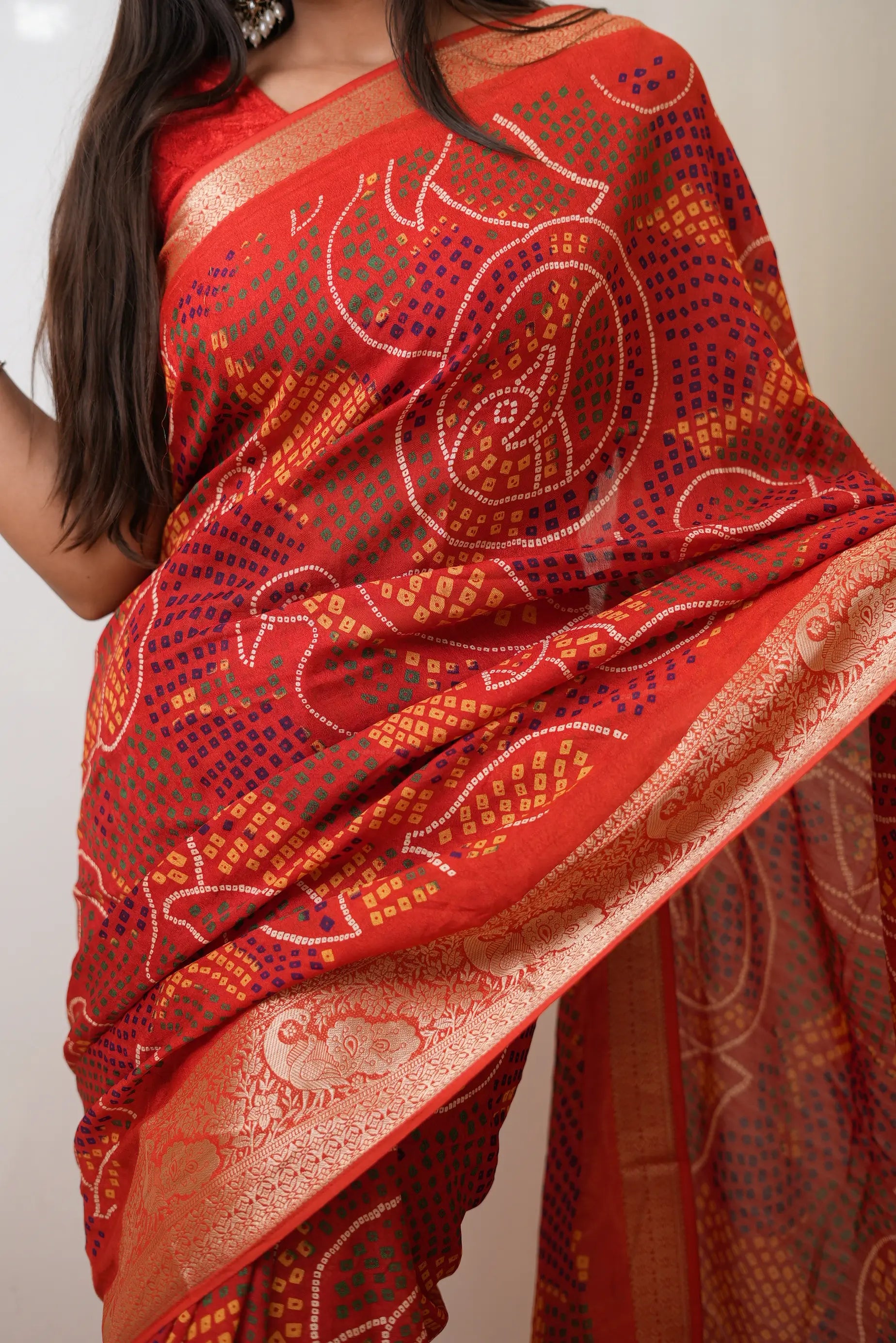 Traditional Bandhani Print Saree With Banarasi Border (With Blouse)