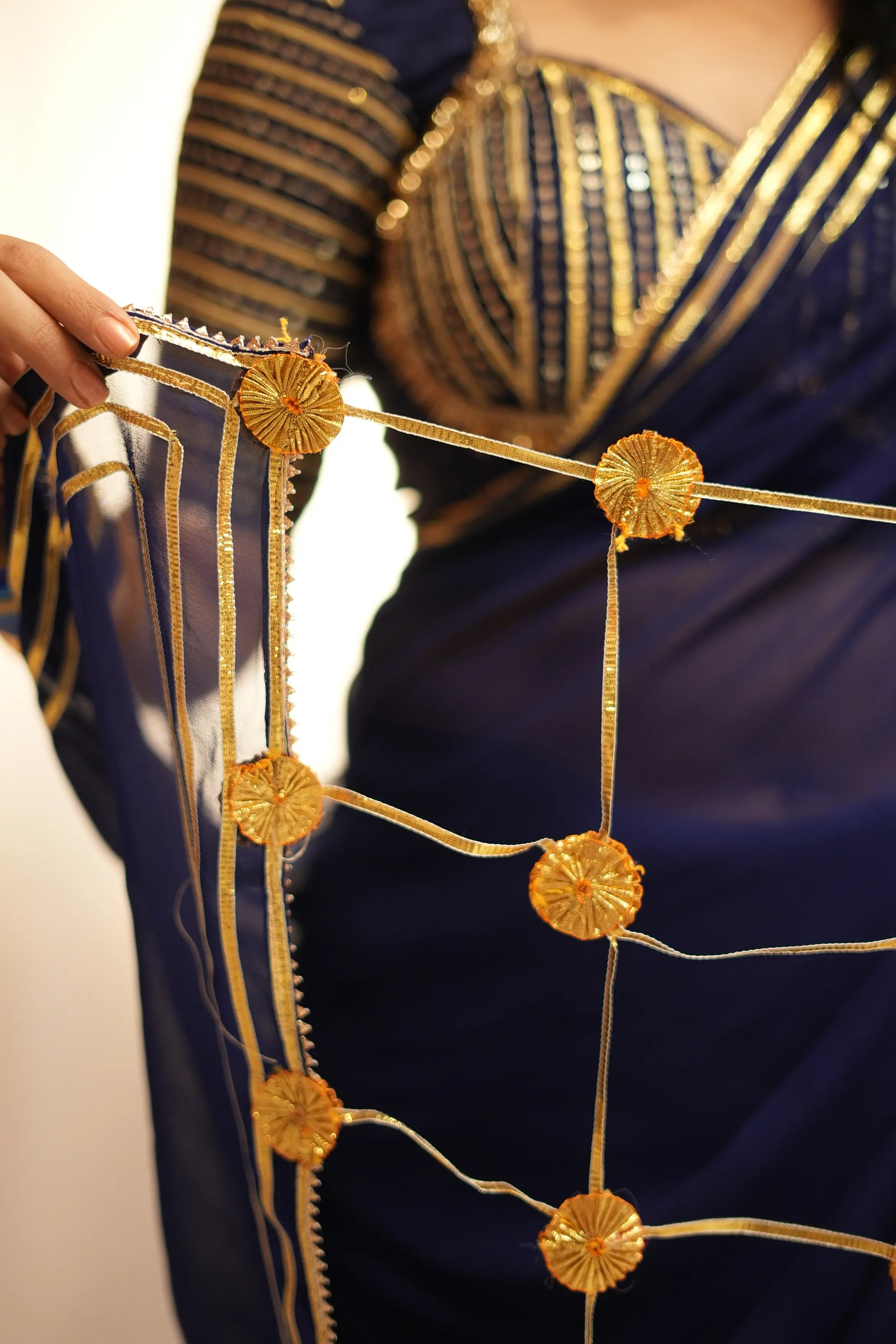 Royal Navy Blue Gotapatti Handwork Saree with Madhuwala Sequence Work Blouse (PRE-BOOKING ITEM)