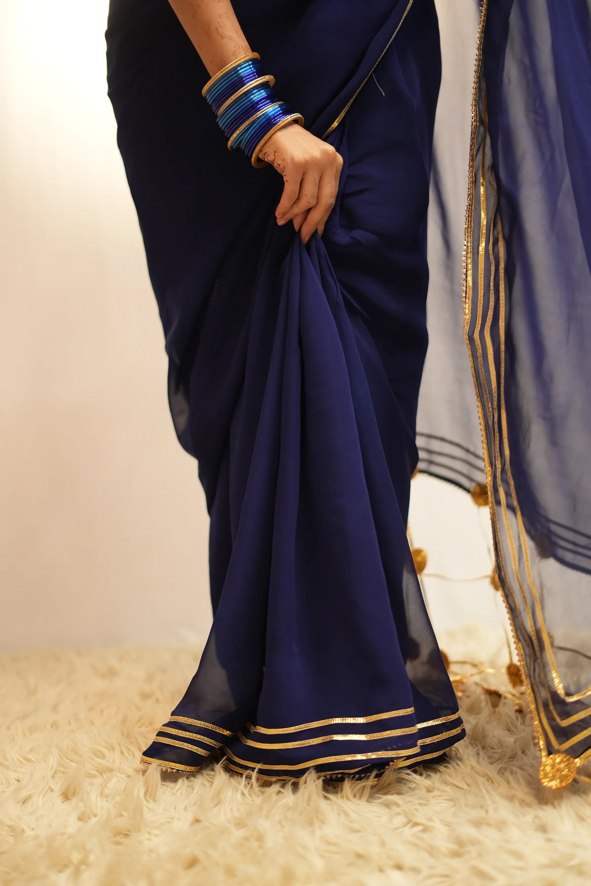 Royal Navy Blue Gotapatti Handwork Saree with Madhuwala Sequence Work Blouse (PRE-BOOKING ITEM)