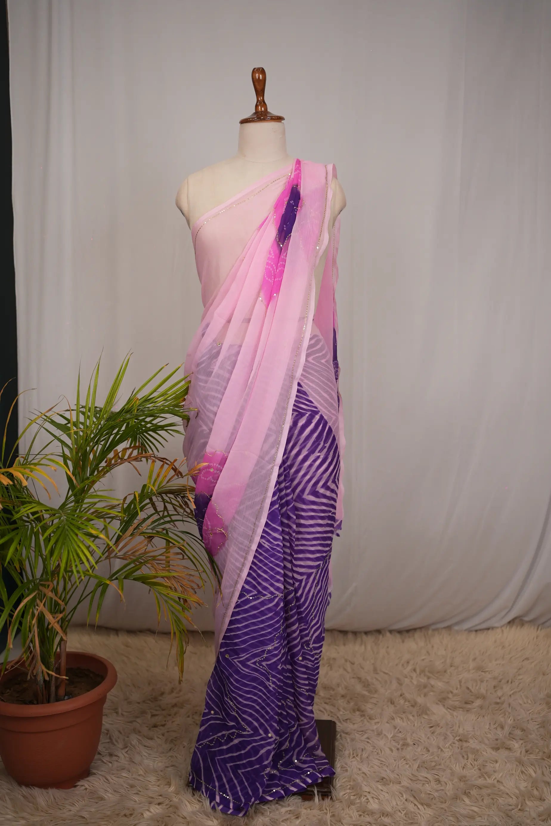 Rajasthani Bandhani With Leheriya Saree with Aari Taari & Sequin Work (Without Blouse)