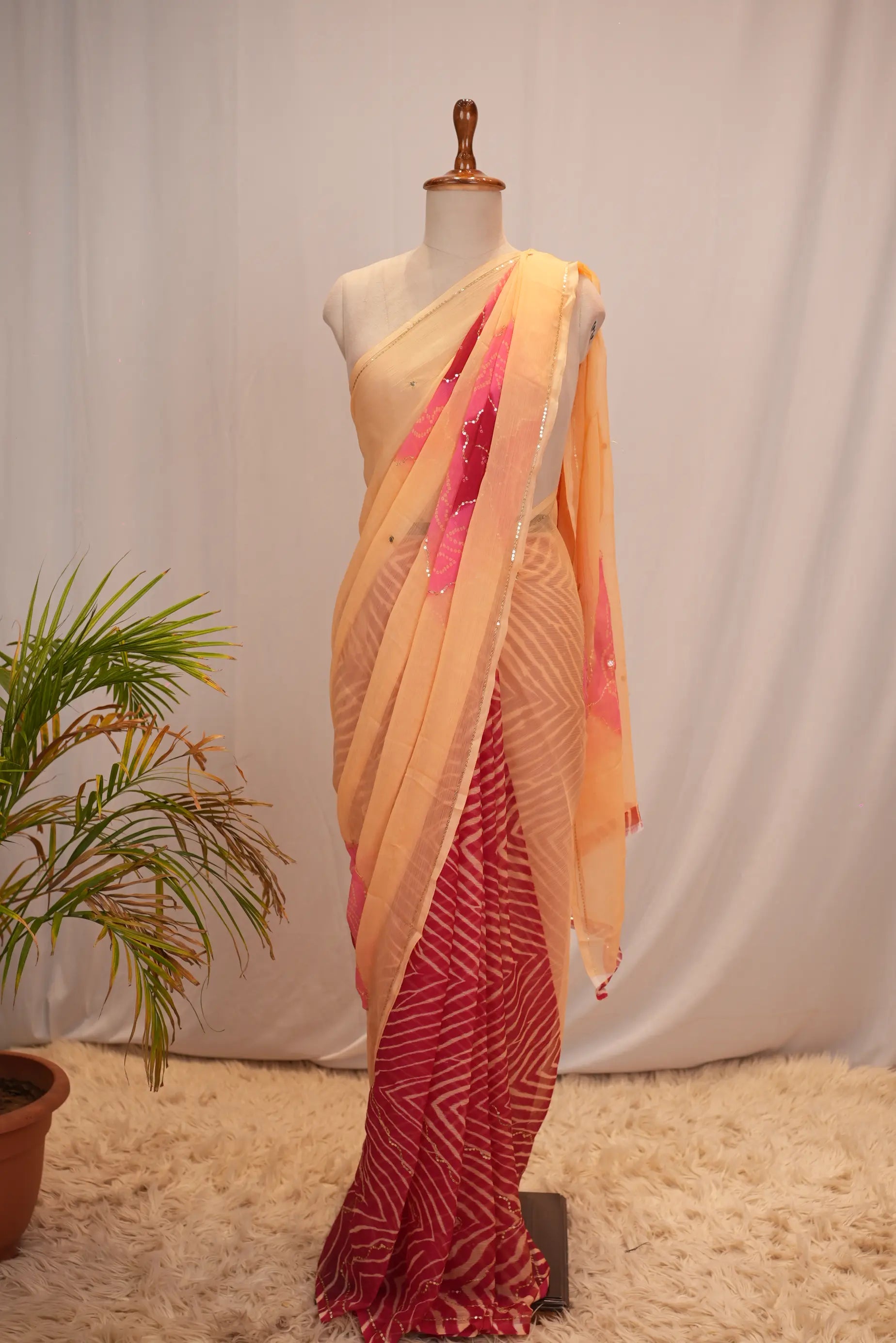 Rajasthani Bandhani With Leheriya Saree with Aari Taari & Sequin Work (Without Blouse)