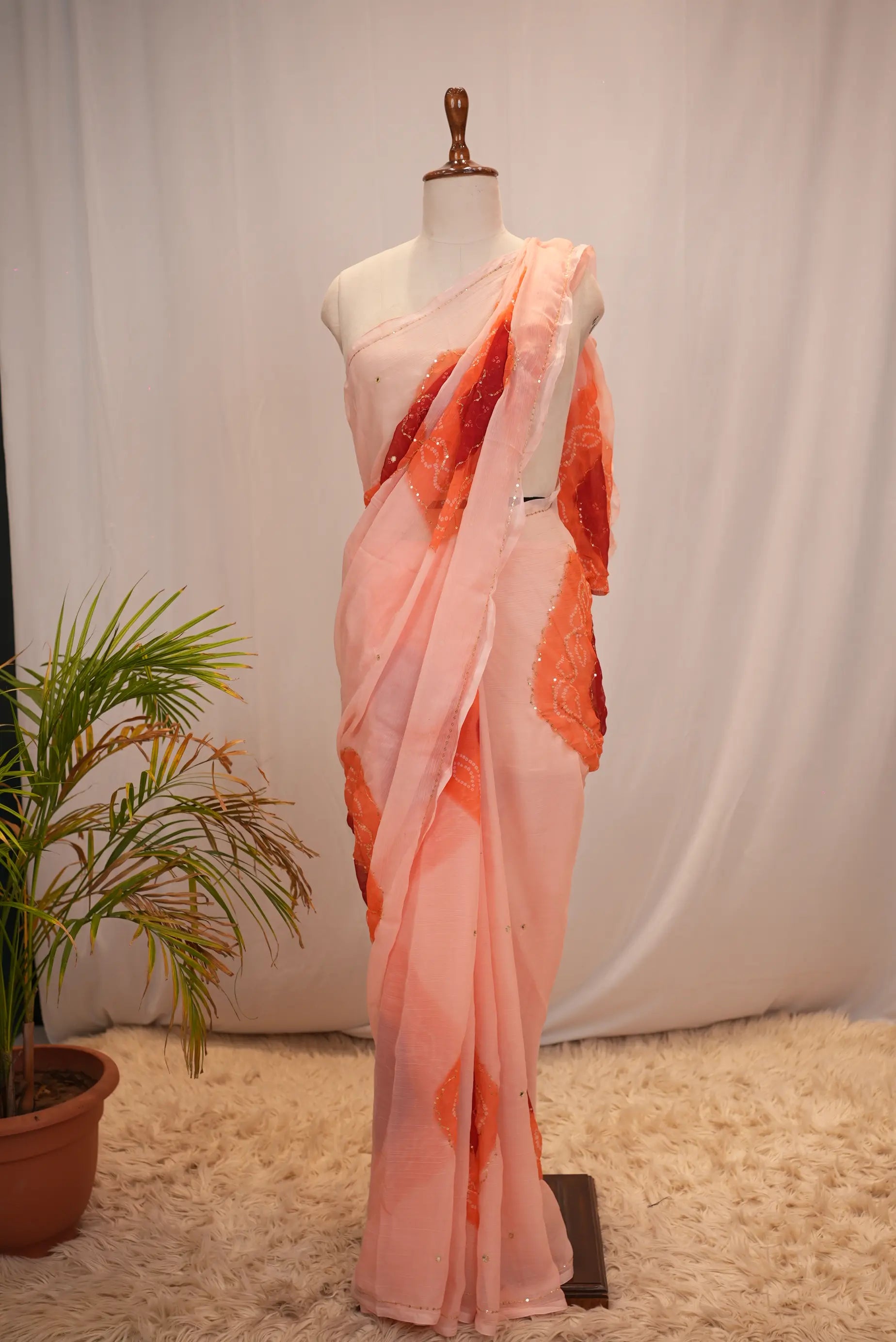 Rajasthani Bandhani Saree with Aari Taari & Sequin Work (Without Blouse)