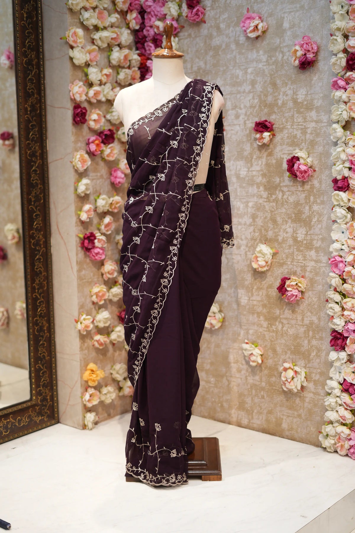 Wine Georgette Jaal Saree with Embroidered Scallop Border Odhani By SRN